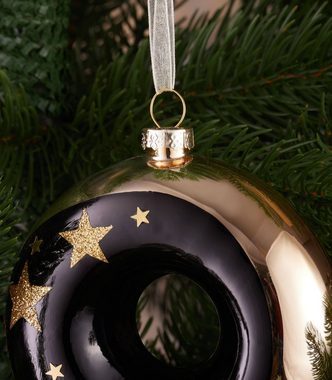 BRUBAKER Weihnachtsbaumkugel Premium Weihnachtskugel Donut - Gold, Schwarz und Weiß Muster (1 St), 10 cm Baumkugel aus Glas - Handbemalt - Luxus Christbaumkugel