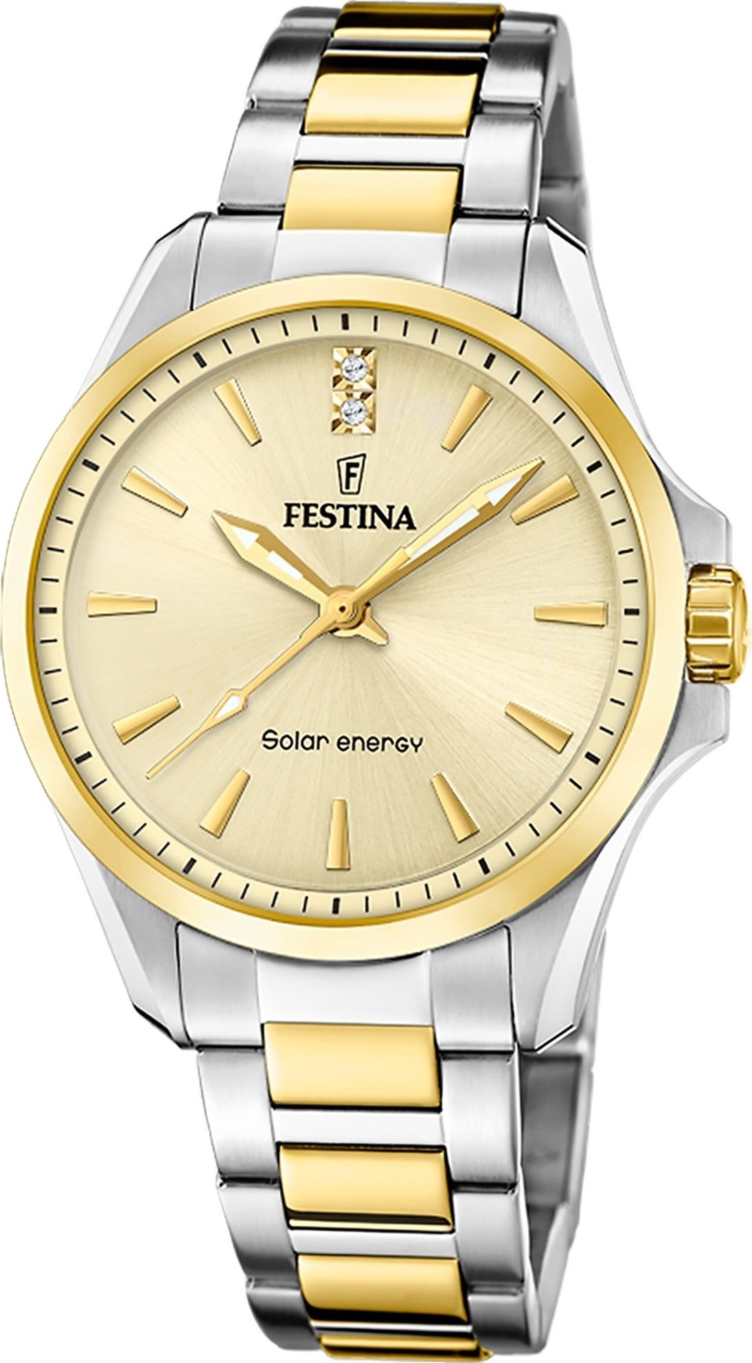 Festina Solaruhr Festina Damenuhr Edelstahl silber gold, (Solaruhr), Damen Solaruhr rund, Edelstahlarmband silber, gold, Luxus