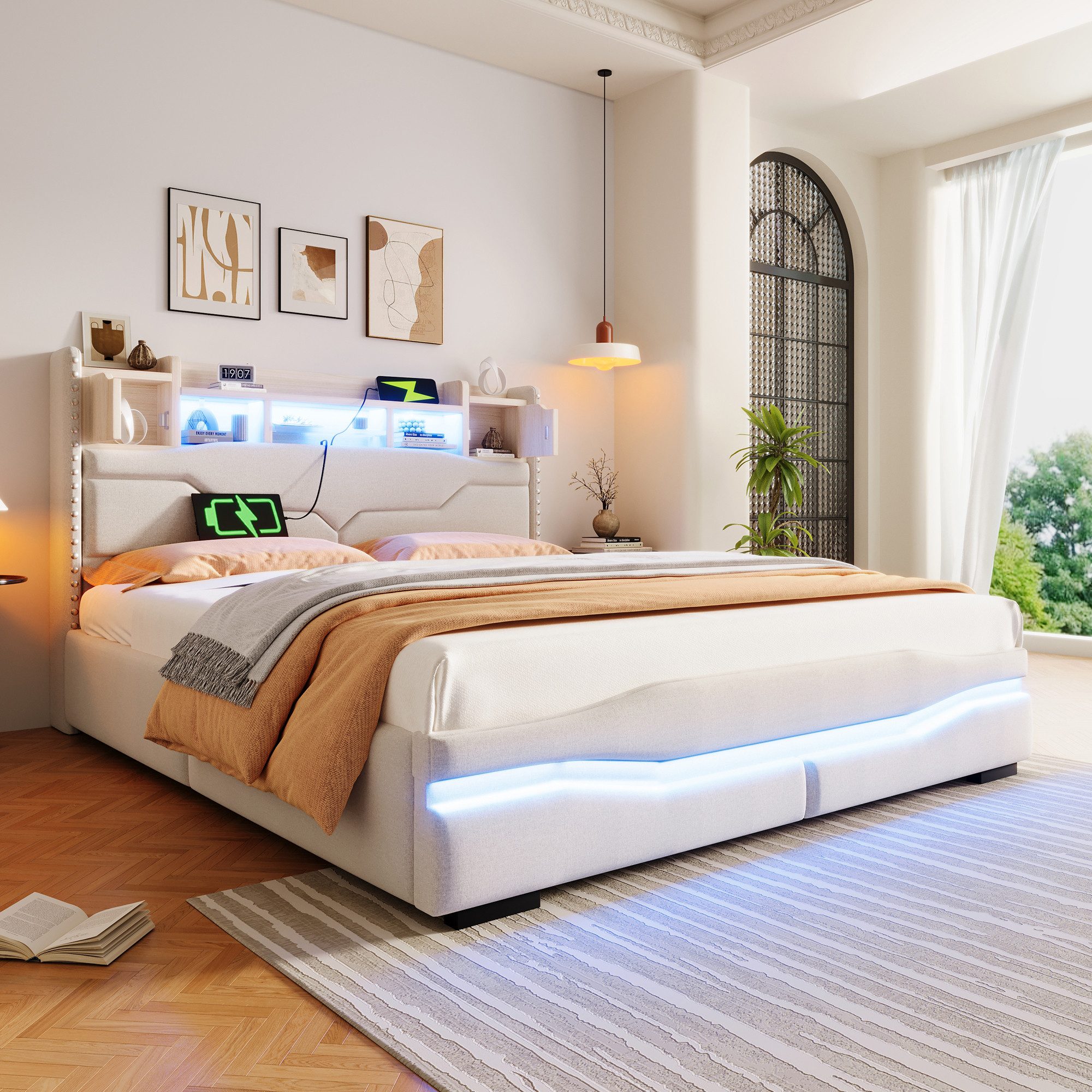 muvano Bett Polsterbett 160x200 Stauraumbett Beige mit LED USB Hydraulikbett