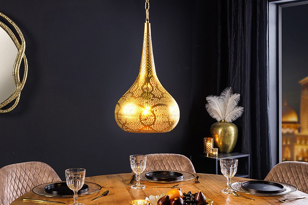 riess-ambiente Hängeleuchte ORIENT LIVING 50cm gold · Hängeleuchte aus Eisen in Tropfenform, keine besonderen Funktionen, ohne Leuchtmittel, mit Lampenschirm · handmade · Kette & Kabel kürzbar · Esszimmer