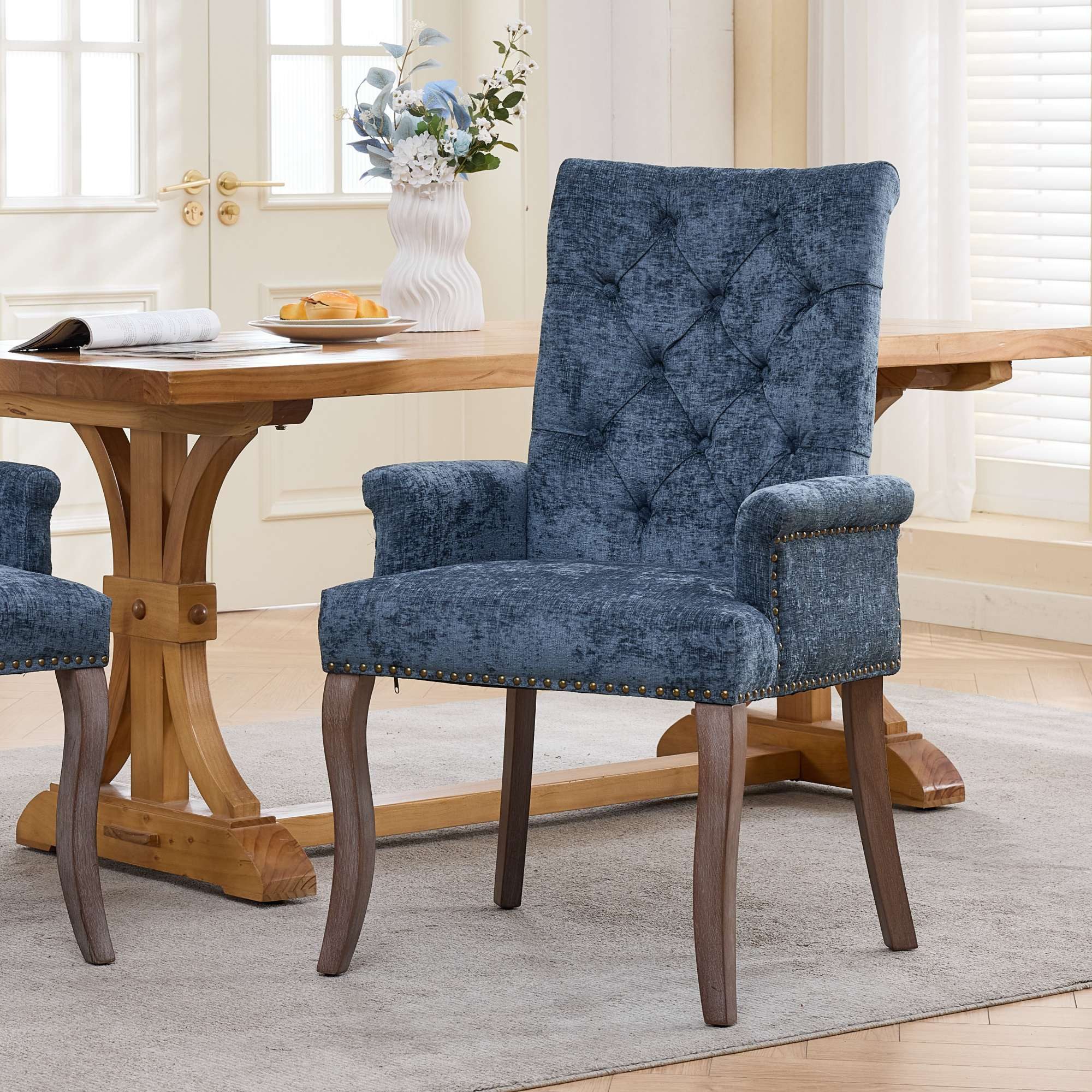 BBWL Sessel Esszimmerstuhl gepolstert mit Armlehnen Massivholzbeine getuftet, Chenille, elegant bequem langlebig stabil