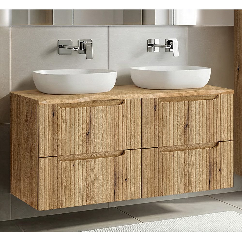 Lomadox Waschtisch NEWPORT-56-EVOKE, 120 cm, Eiche, gerillte Front, Waschtischplatte mit Baumkantenoptik