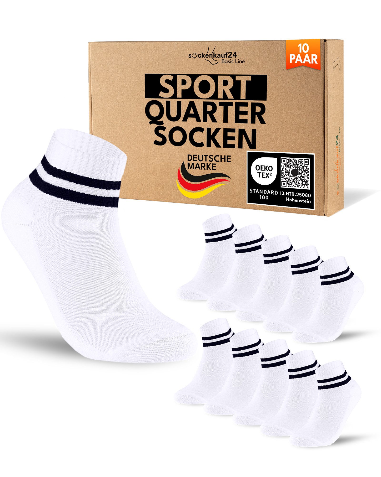 sockenkauf24 Sportsocken 10 Paar kurze Tennissocken Quarter Sportsocken Herren Damen Baumwolle (10-Paar) verstärkte Ferse & Fußspitze, gepolsterte Sohle, Atmungsaktiv