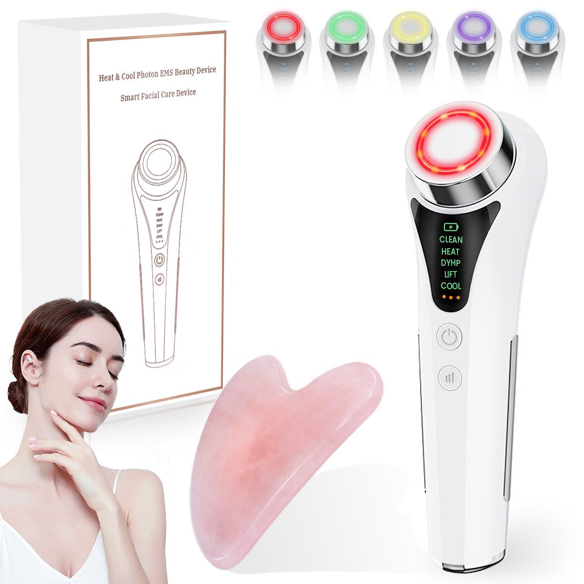 FOSMET Gesichtsmassagegerät 6 in 1 EMS RF Gesichtsmassagegerät mit LED, Wärme und Kälte, Elektrisches Beauty Tool für tägliche Hautpflege und sanfte Massage