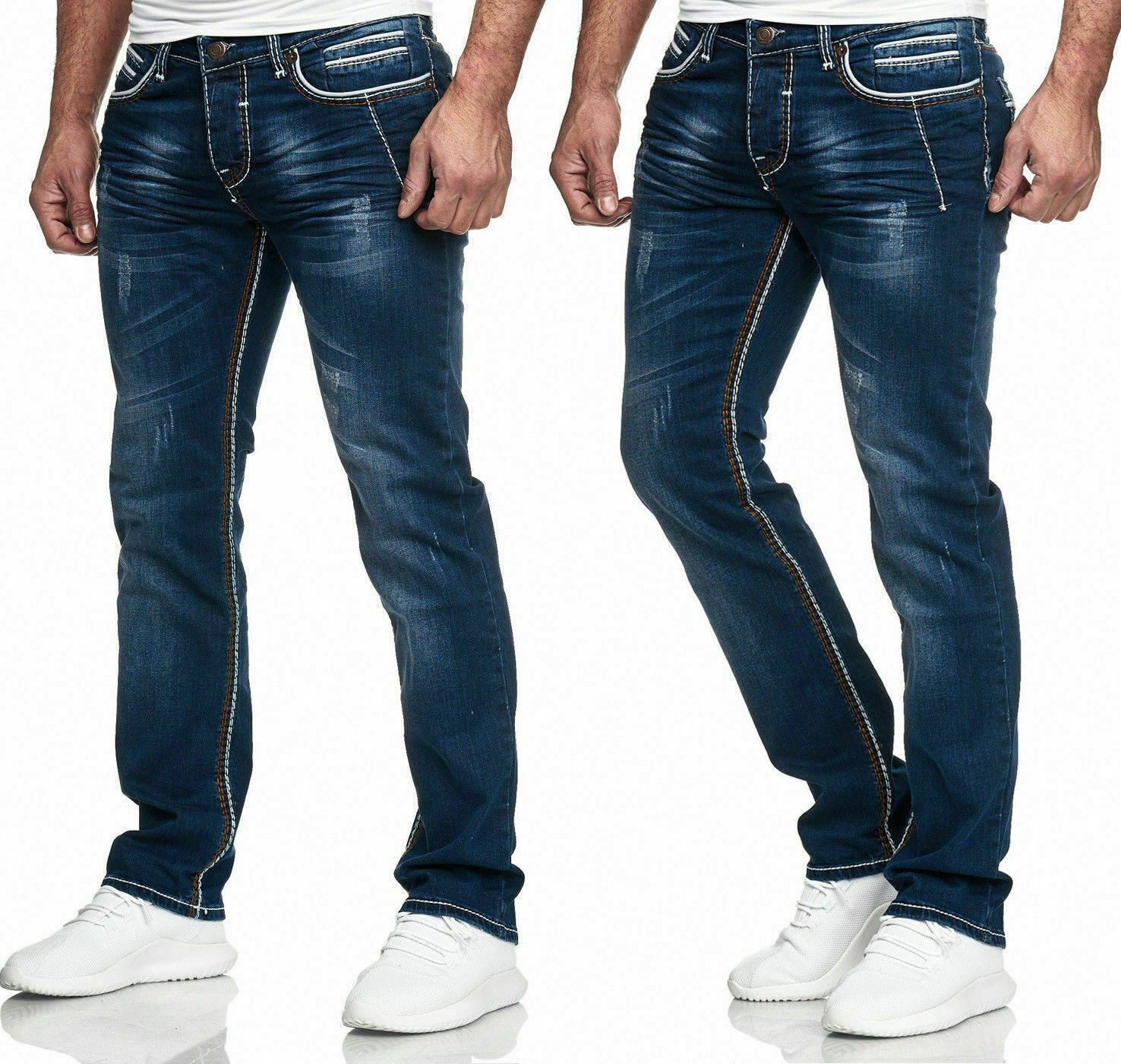iKENNAS Regular-fit-Jeans STRAIGHT Herren Jeans Slim Fit Stretch Hose DICKE NAHT 5025 W32/L32