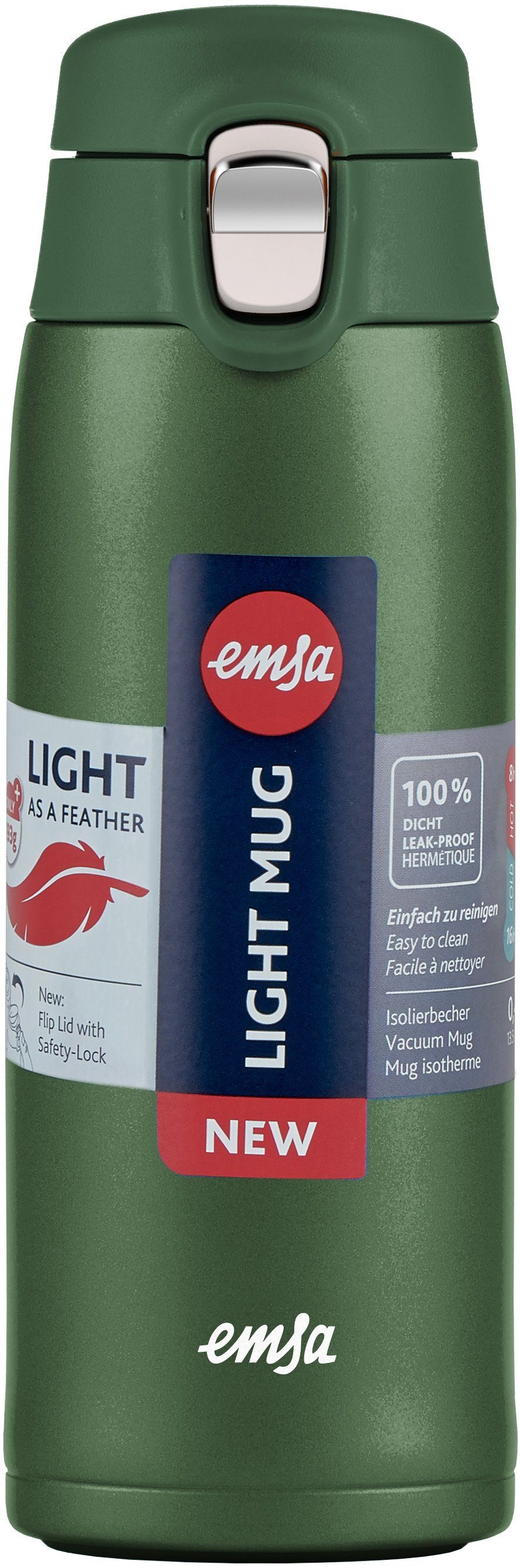 Emsa Thermobecher Travel Mug, Edelstahl, Kunststoff, 0,4L, leicht, Edelstahl, Klappverschluss, 100% dicht, 8h heiß/16h kalt
