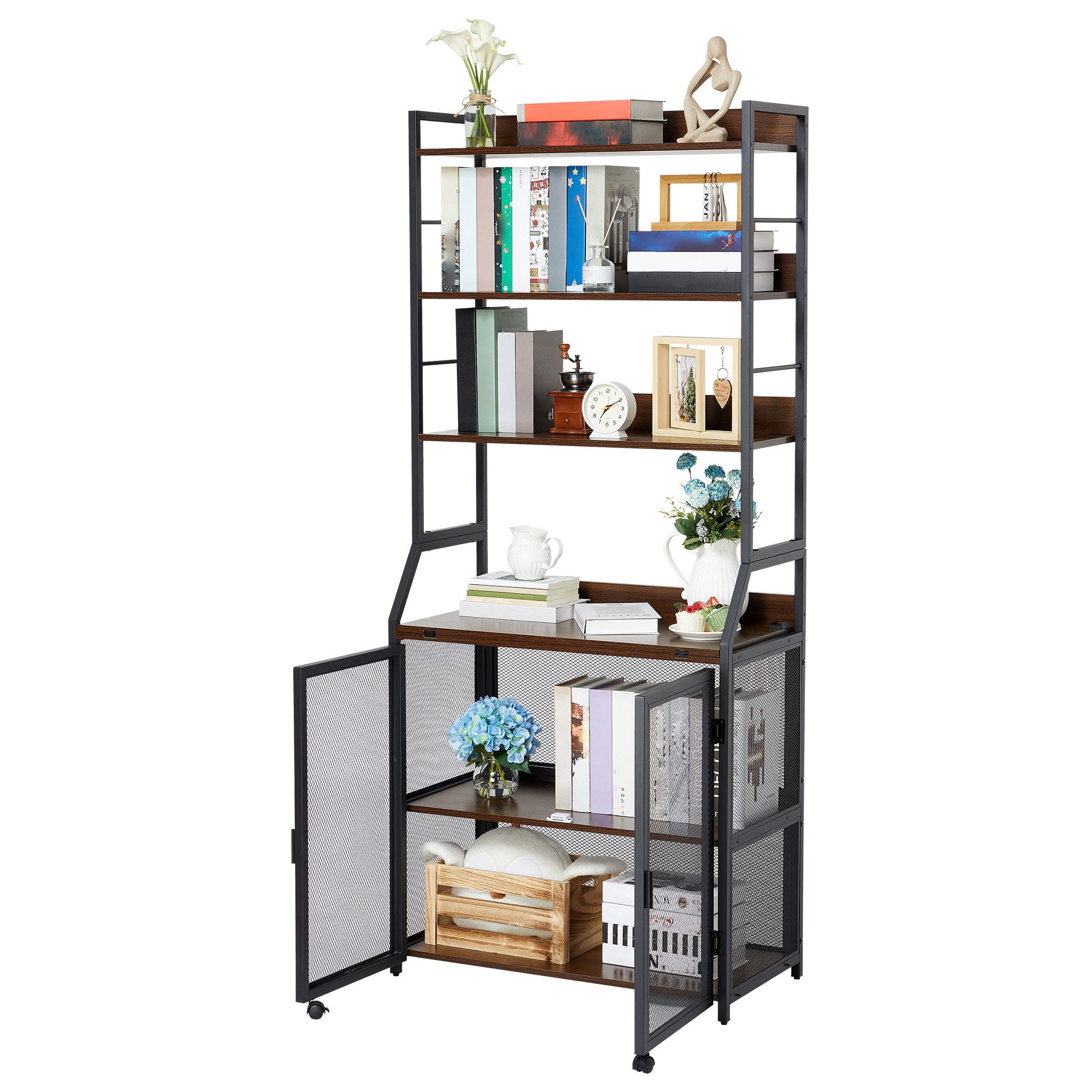 GarveeMore Regal-Schreibtisch 2-in-1, Kippschutz, Schranktür mit Rollen, 10 kg Traglast pro Ebene, aus Metall & Spanplatte, 180 x 60 x 25 cm, schwarz/weiß/braun