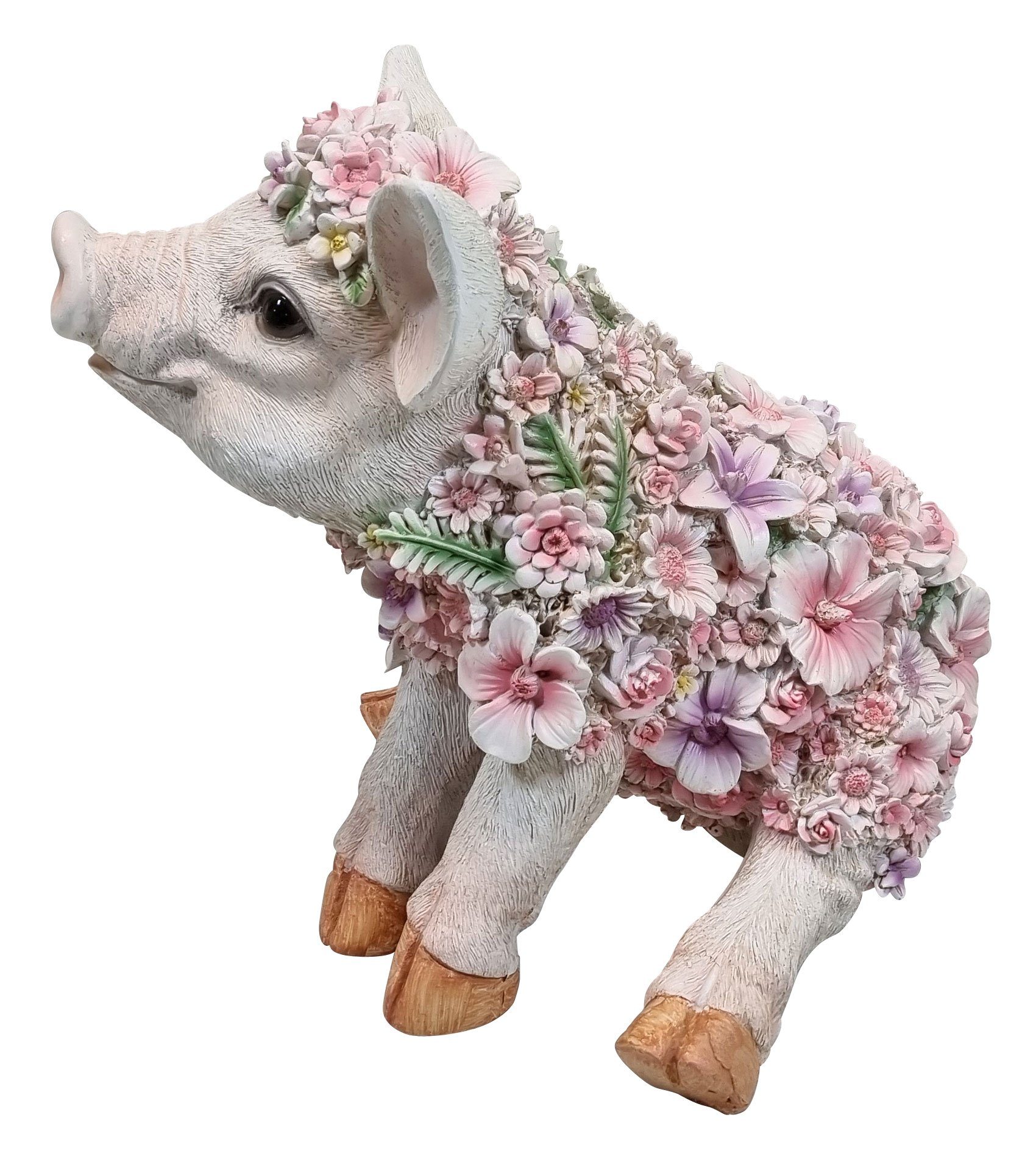 Schwein Plus sitzend lustige handbemalt, (1 Gartendeko Fachhandel St), Blumen, mit Gartenfigur