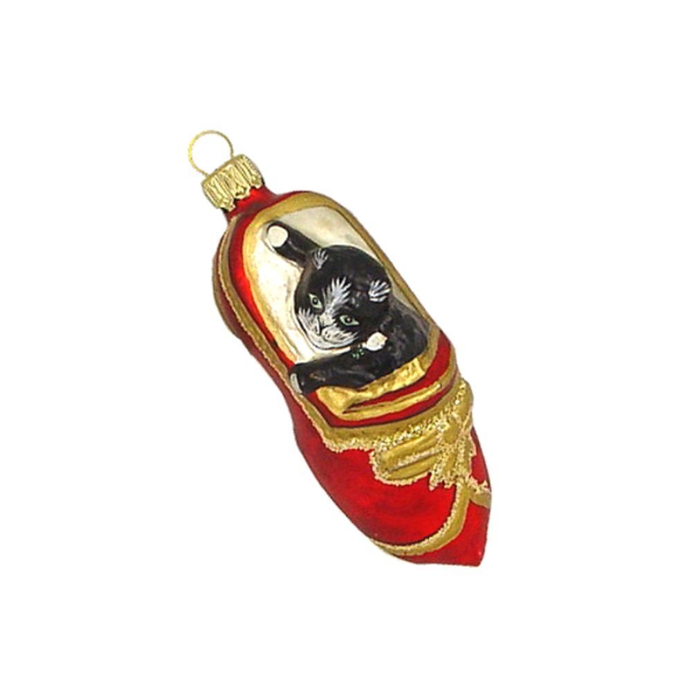 Haberland Glasschmuck Lauscha Christbaumschmuck Katze im Schuh schwarz rot 9 cm Lauschaer Glas