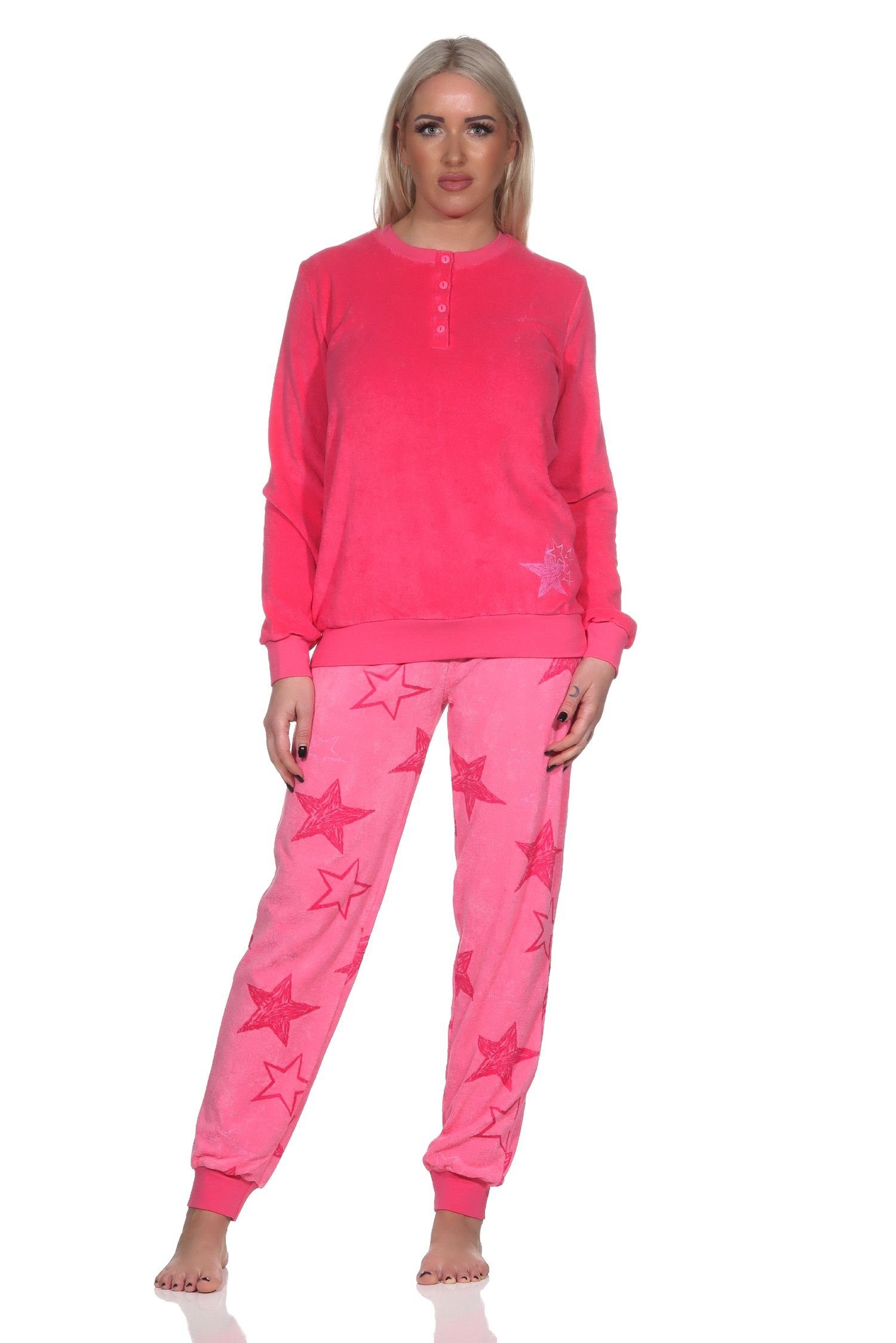 Normann Pyjama Normann Bündchen Frottee Sterne pink Schlafanzug mit lang Optik in Damen