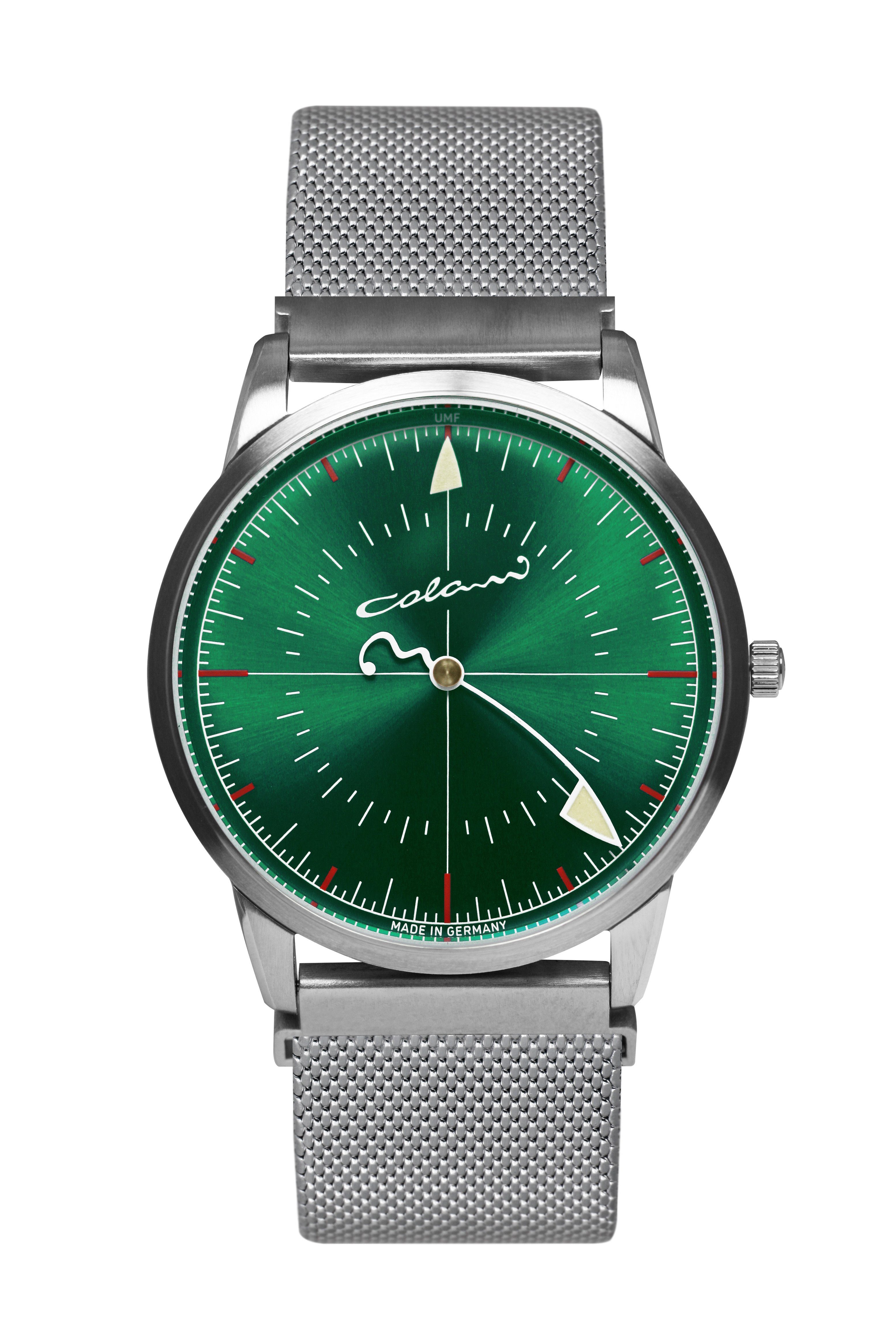 UMF Ruhla Quarzuhr 1340M-4, UMF Ruhla Colani Quarzuhr mit Monotimer Limited Edition, Milanaiseband grünes Zifferblatt mit Colani-Zeigern - Made in Germany