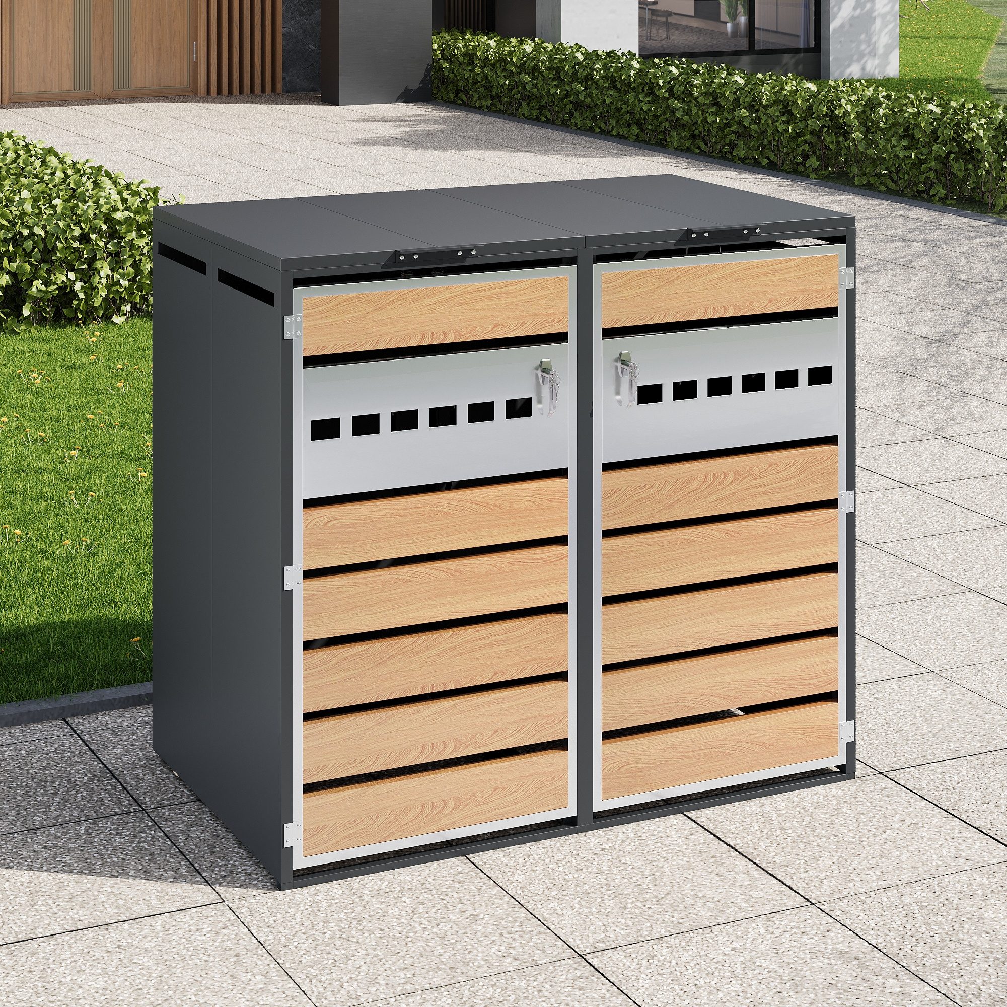 Flieks Mülltonnenbox (1 St), Mülltonnenschrank für 2 Tonnen 120–240L mit Klappdeckel