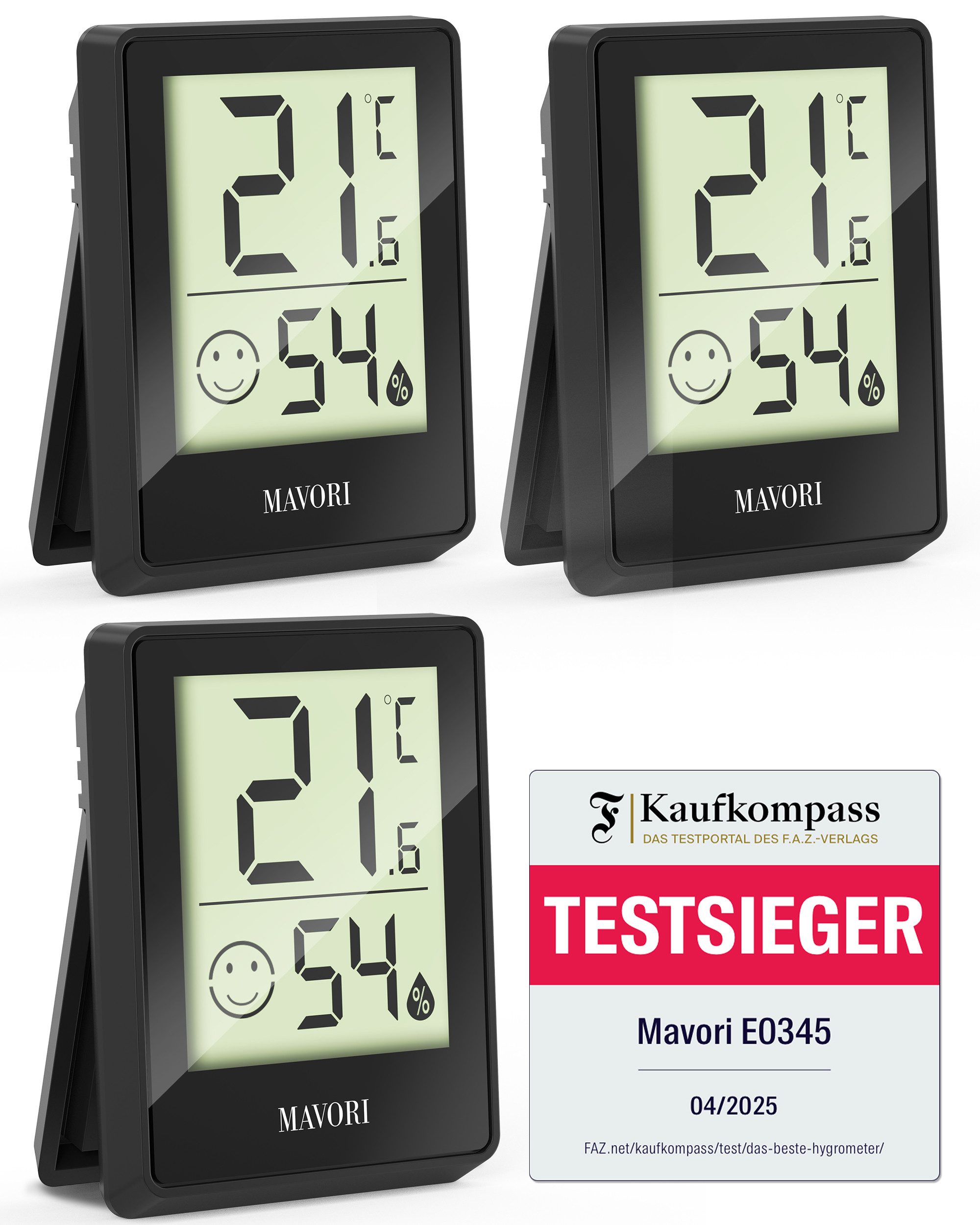 MAVORI Hygrometer und Thermometer digital mit sehr präzisen Messwerten, (3-St), Thermometer mit Luftfeuchtigkeit