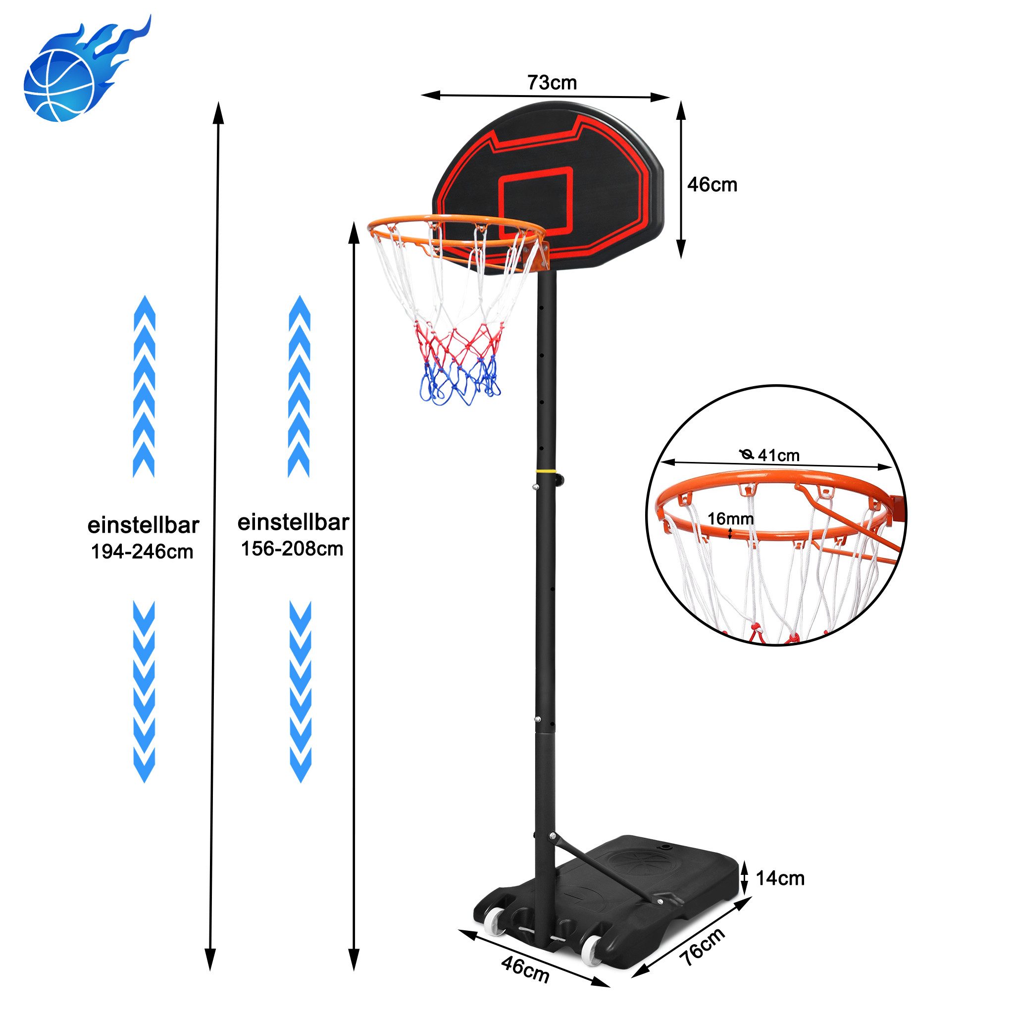 FIVMEN Basketballkorb Basketball Hoop Basketballständer mit Rollen Verstellbare 160-210 cm, für Kinder und Erwachsene, Inkl. Basketball, Schwarz