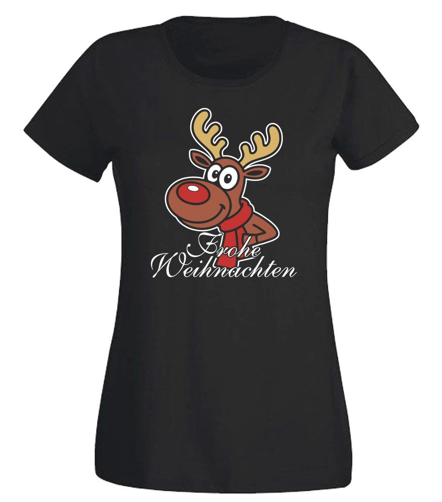 G-graphics T-Shirt Frohe Weihnachten – Rentier mit Schal Slim-fit Damen T-Shirt mit schönem Winter- & Weihnachtsmotiv
