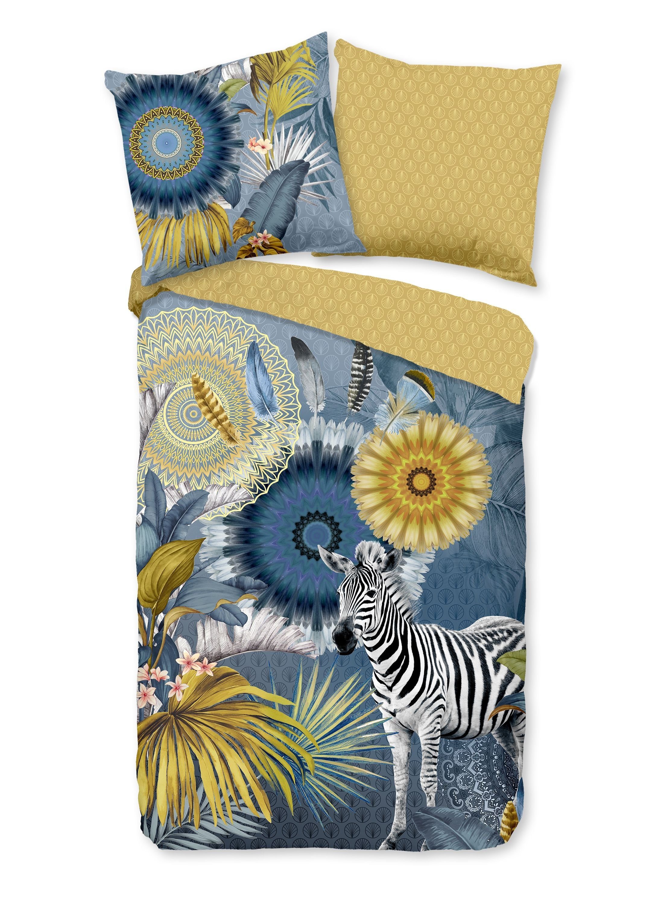 Traumschloss Bettwäsche Baumwolle, Satin, 2 teilig, blaue, gelbe Mandalas mit Zebra