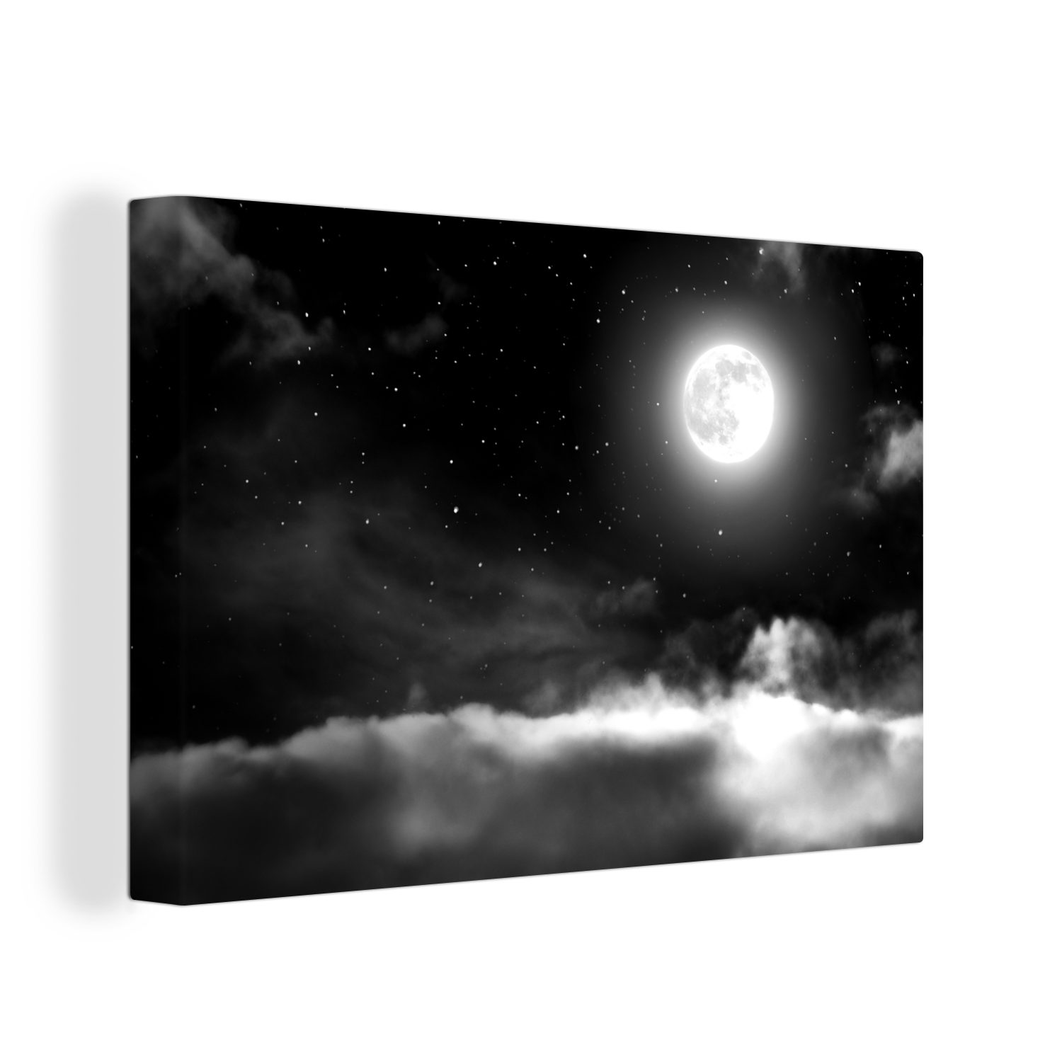 OneMillionCanvasses® Leinwandbild Vollmond erhellt den Himmel - schwarz und weiß, (1 St), Wandbild Leinwandbilder, Aufhängefertig, Wanddeko, 30x20 cm