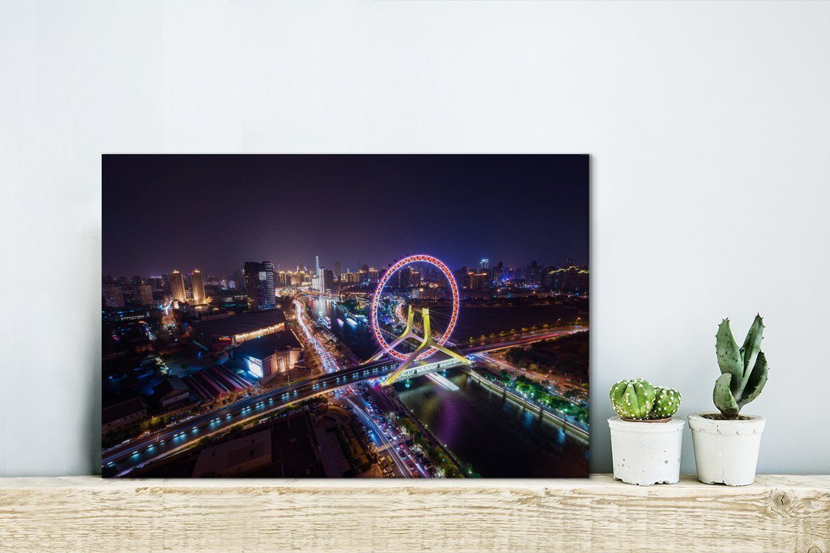 OneMillionCanvasses® Leinwandbild Farbtöne Wandbild 30x20 Leinwandbilder, St), Lila Wanddeko, der in cm Tianjin, (1 Stadt Aufhängefertig