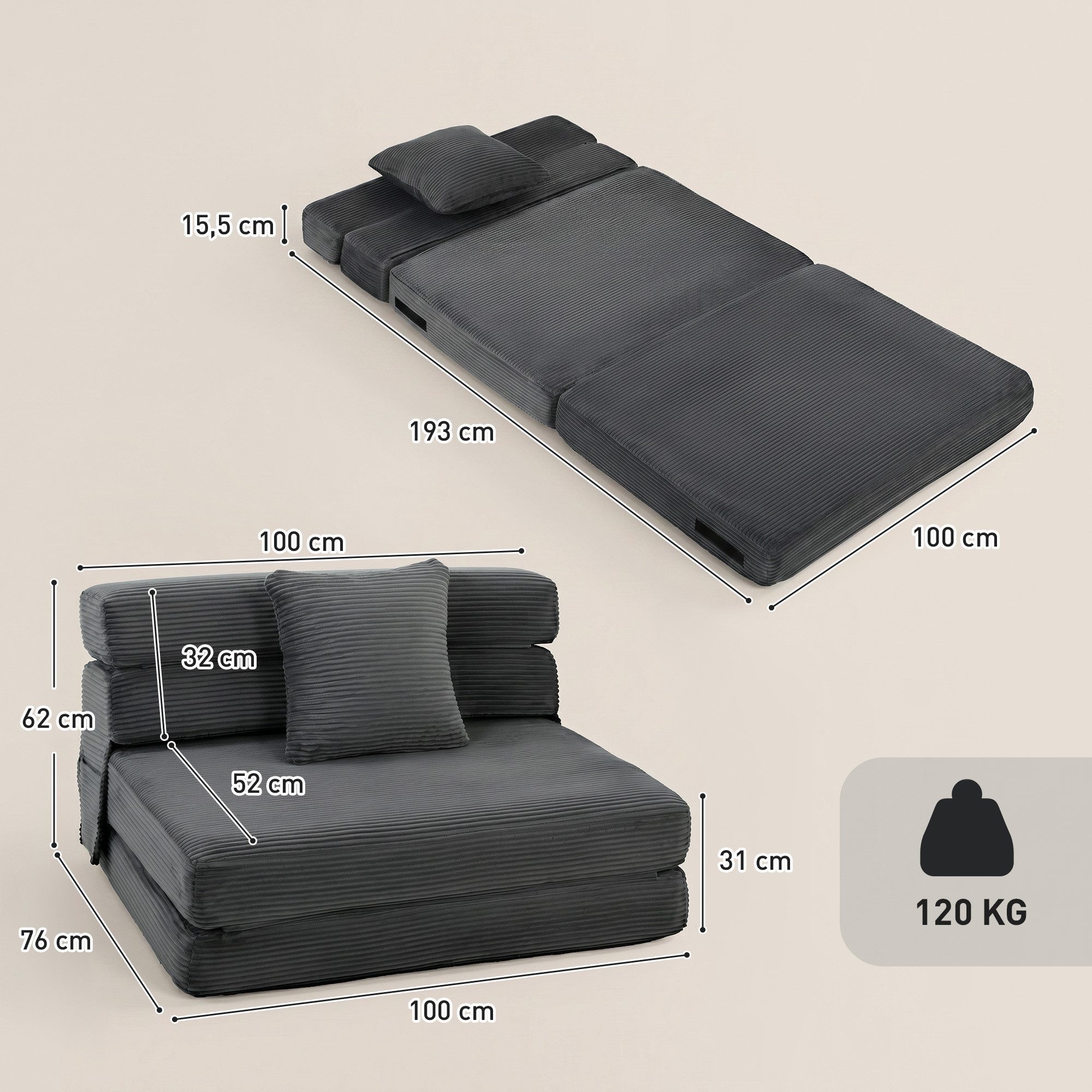 HOMCOM Bodenkissen Klappbar Schlafsessel Schlafsofa mit Schlaffunktion, Cord-Optik, 2-in-1 klappbar, Lendenkissen, Seitentaschen
