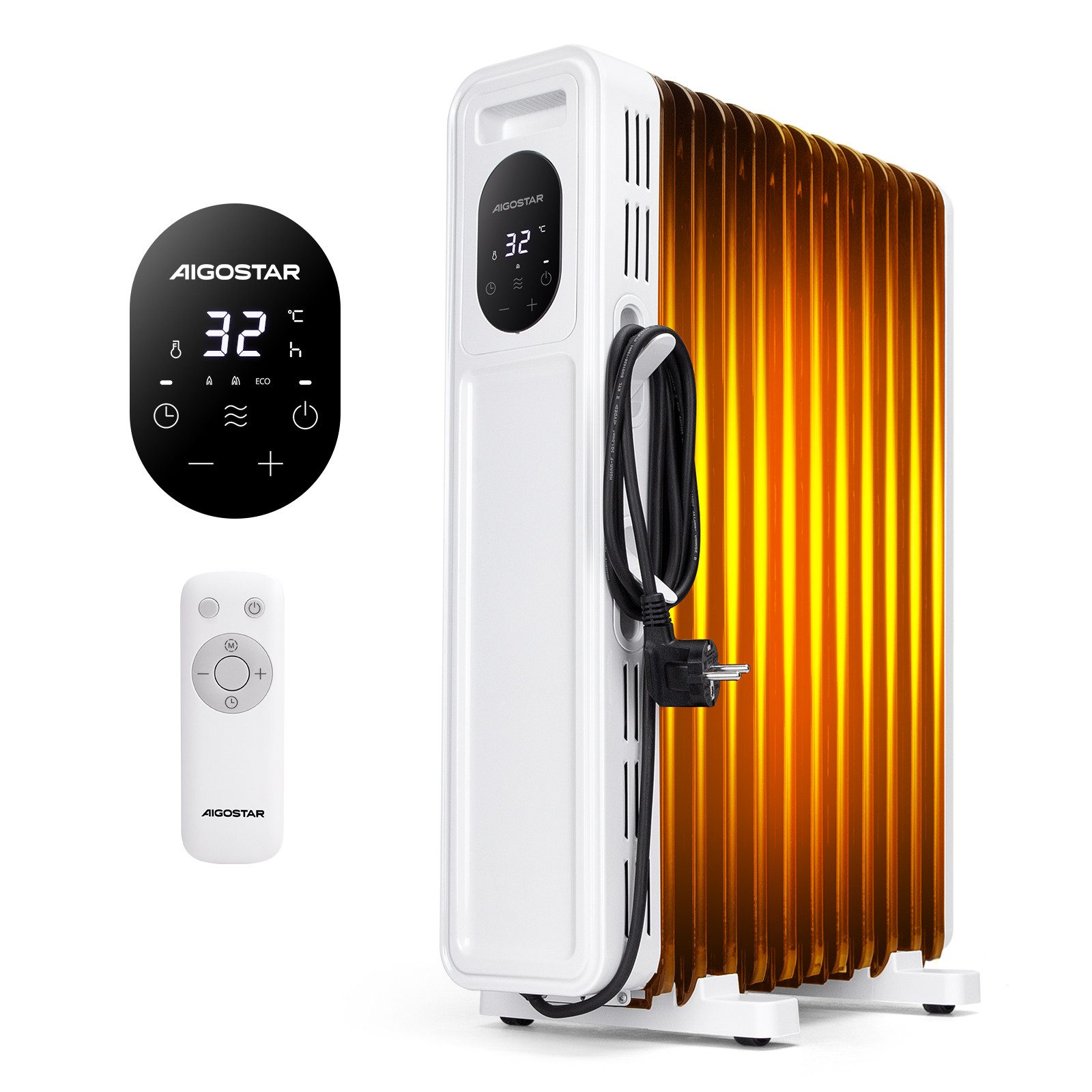 Aigostar Ölradiator Energiesparend Heizung Elektrisch mit Thermostat & Fernbedienung, 2300 W, ECO Modi, 3 Modi, 24H Timer, Kipp & Überhitzungsschutz