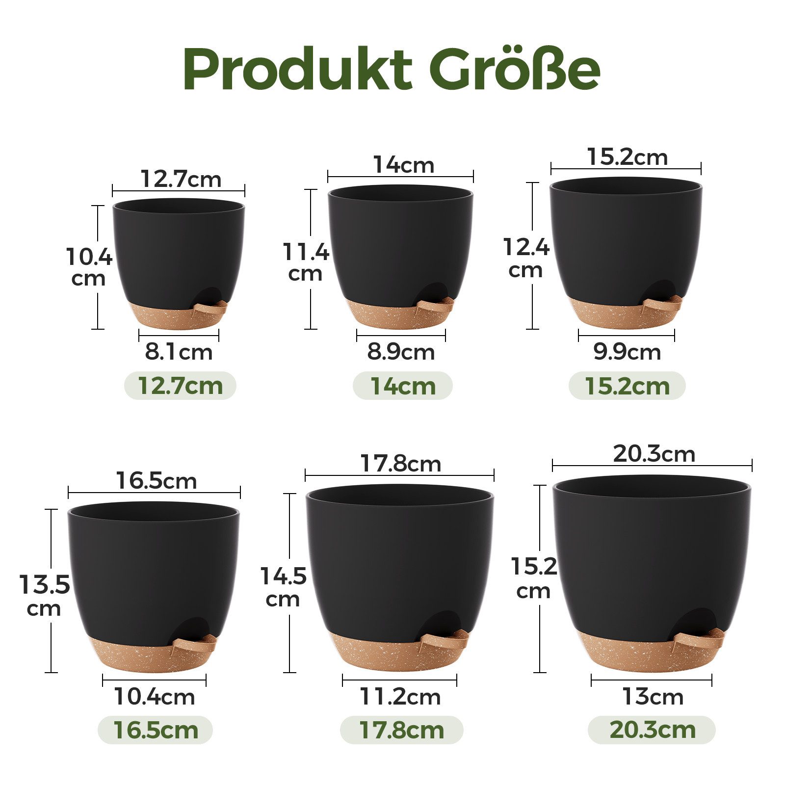 Bamworld Blumentopf 6er-Set Zimmerpflanzen-Topfregal mit Bewässerung, mit Abflussloch (6 St), Kunststoff, Schwarz