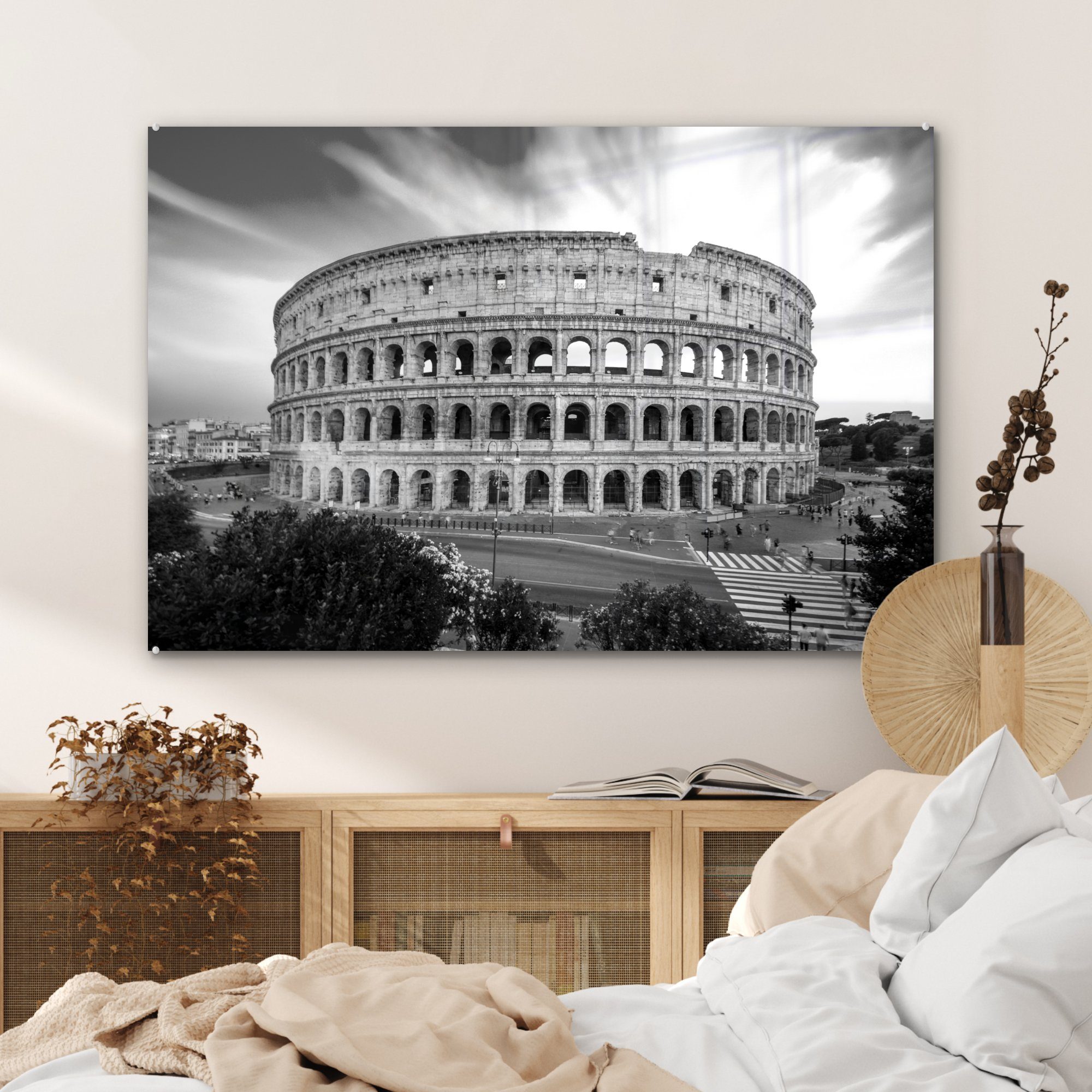 Acrylglasbilder Sonnenuntergang Acrylglasbild Kolosseum Wohnzimmer & weiß, MuchoWow bei schwarz St), und (1 - Schlafzimmer Rom