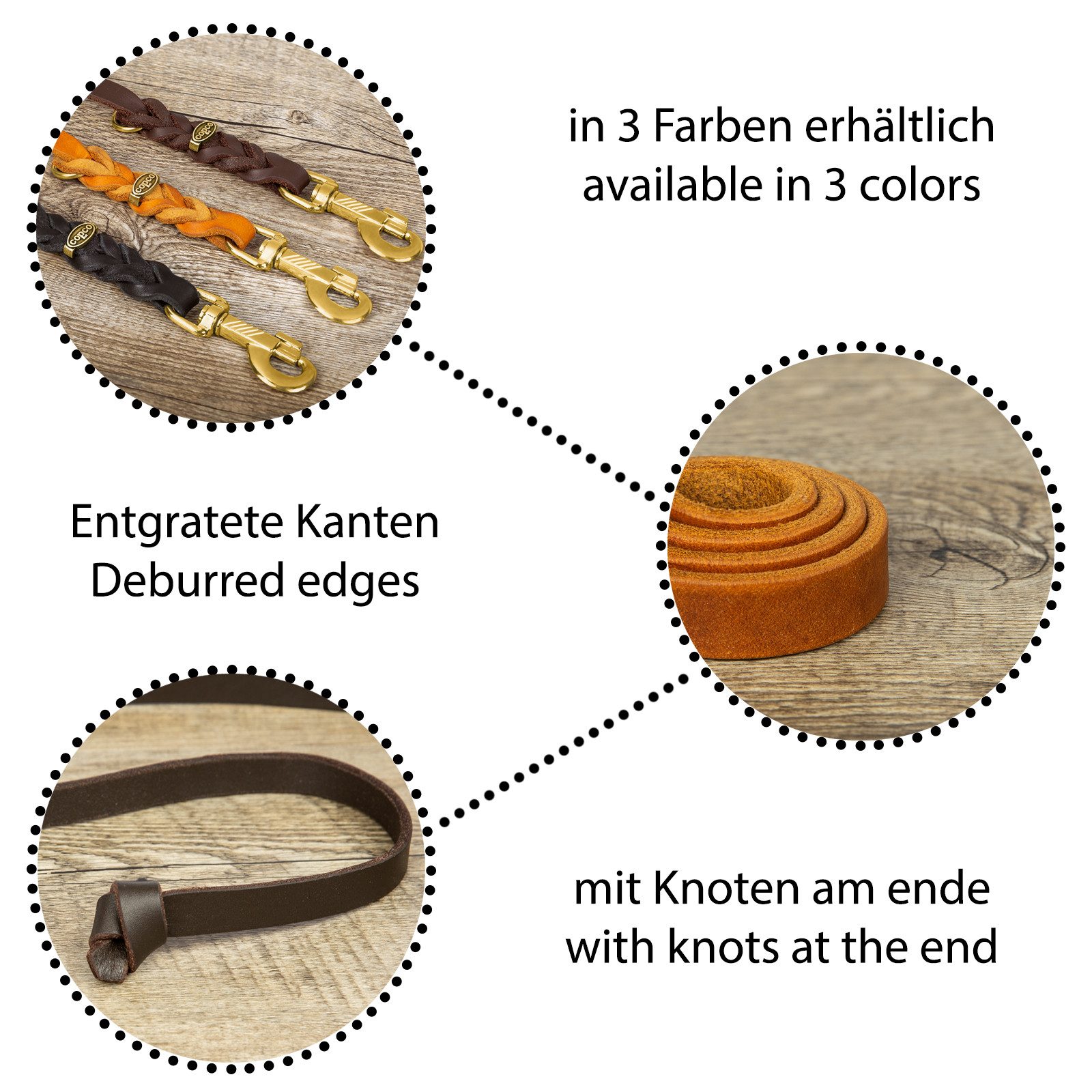 CopcoPet Hundeleine Lederleine ohne Handschlaufe Messing Schwarz 1,35 m x 10 mm, Leder