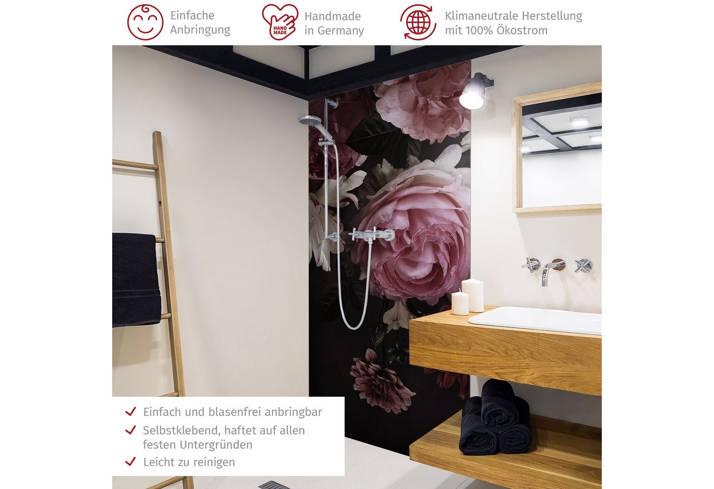 Thumbnail - Bilderdepot24 Badrückwand Motiv rosa Duschrückwand ohne Bohren Dusche Fliesenersatz, (1-tlg., Hart-Folie Premium matt 0,...