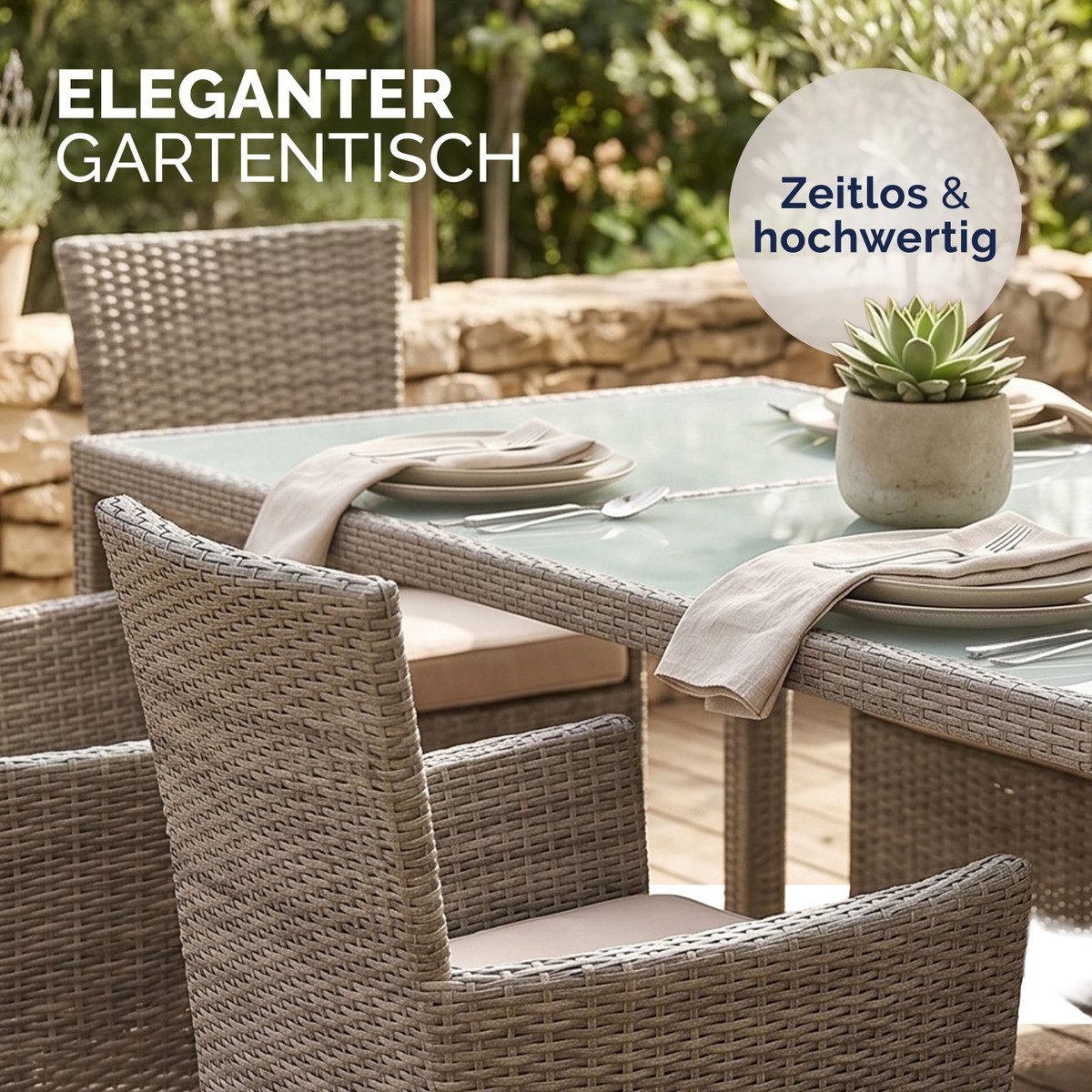 Casaria Gartentisch, Wetterfest 190x90cm Polyrattan Höhenverstellbar 5mm Sicherheitsglas