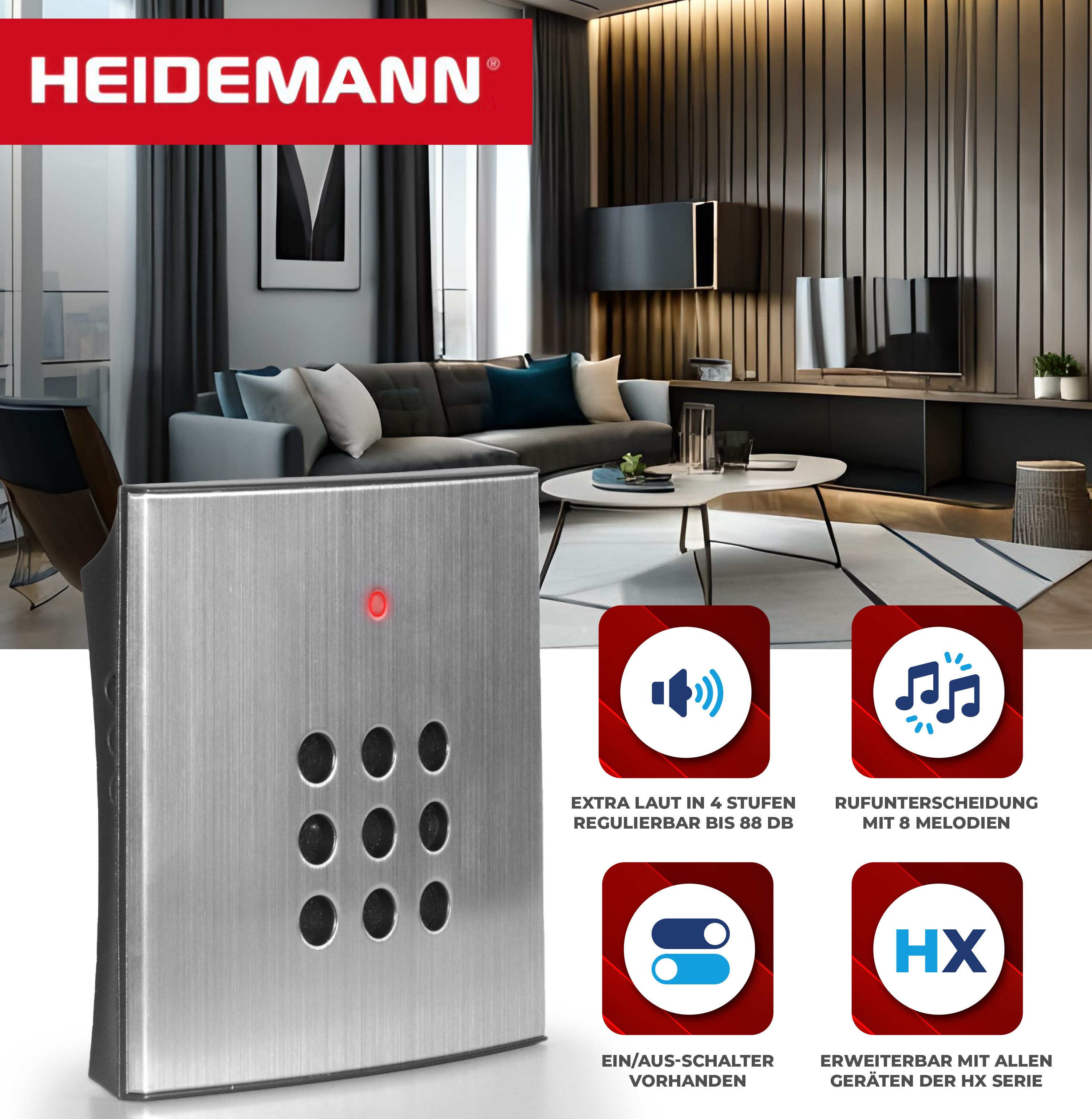 Heidemann Funk-Türgong Heidemann Funkgong-Set HX Style Lautstärke bis 88 dB Reichweite ca.