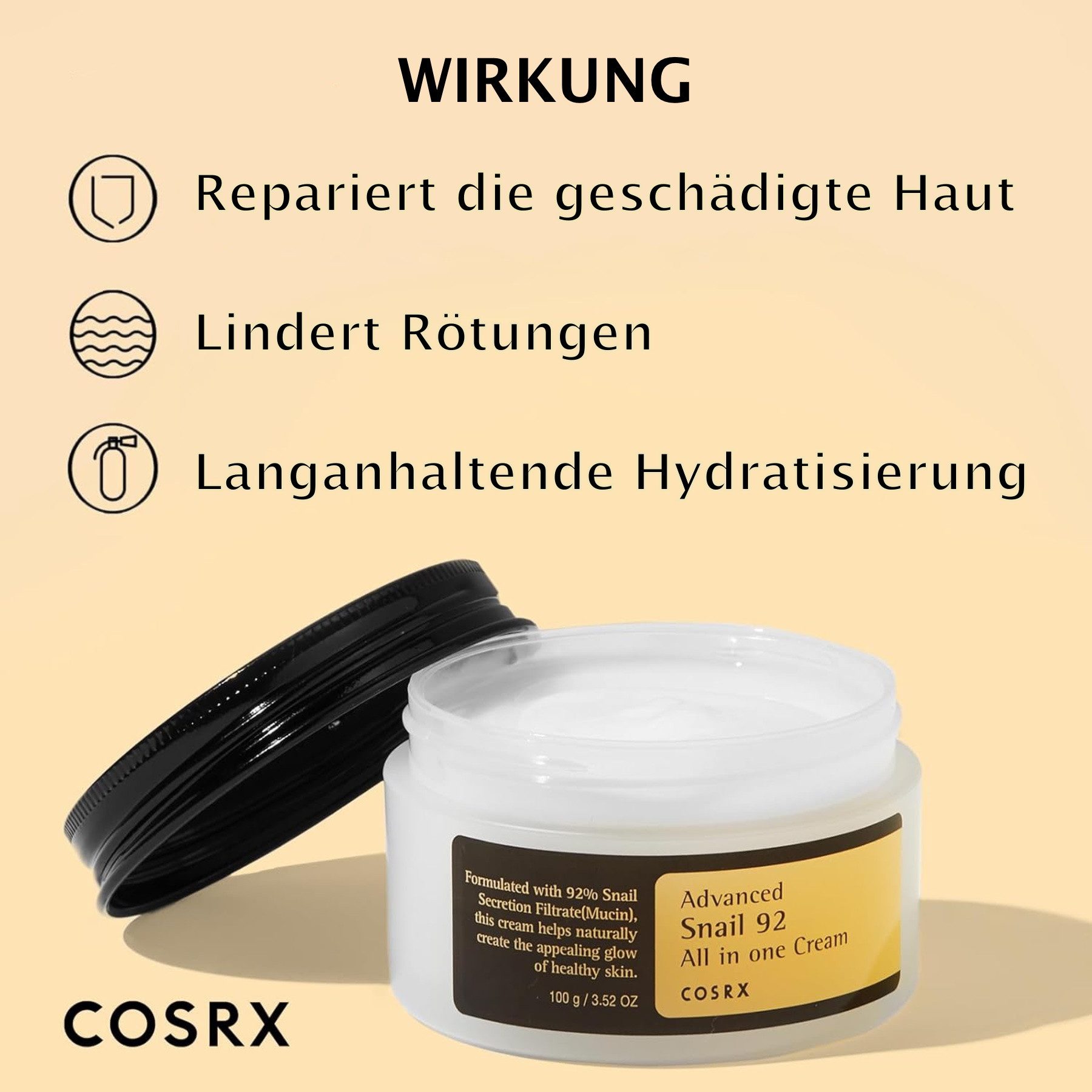 Cosrx Anti-Aging-Creme Advanced Snail 92 All In One Cream Anti Falten Schneckenschleim, 1-tlg., Feuchtigkeitscreme, Rötung, Straffung, Stresslinderung