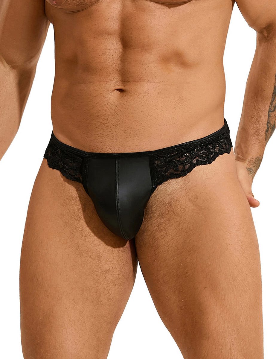 Lau-Fashion Tanga Männer Spitze Lack Leder Herren Wetlook String Unterwäsche M/L/XL