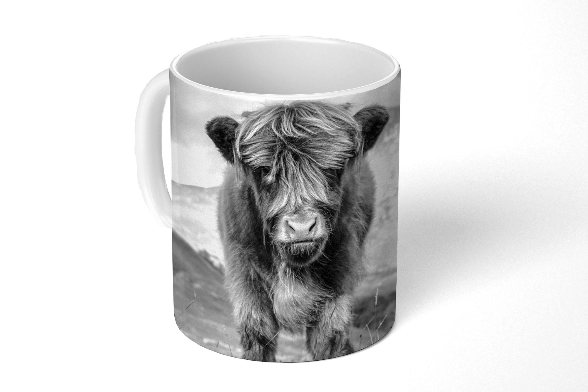 MuchoWow Tasse Schottischer Highlander - Berg - Schwarz - Weiß, Keramik, Kaffeetassen, Teetasse, Becher, Teetasse, Geschenk | Tassen