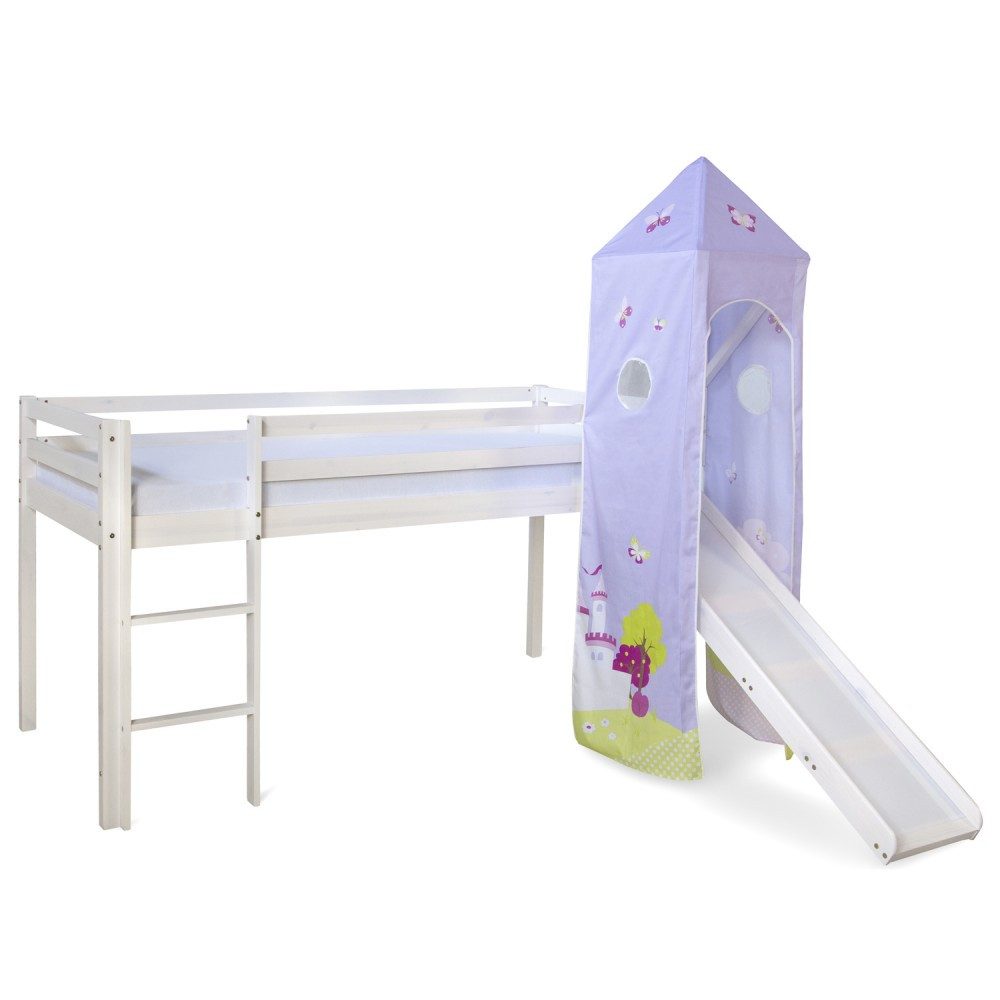 Homestyle4u Hochbett 90x200 Kinderbett Weiß Kiefer Leiter Turm Pink Lila Pastell Treppe (mit Turm und Rutsche, Spielbett) mit Rausfallschutz, Tiere, Schlossmotiv mit Schmetterlingen, Mädchen