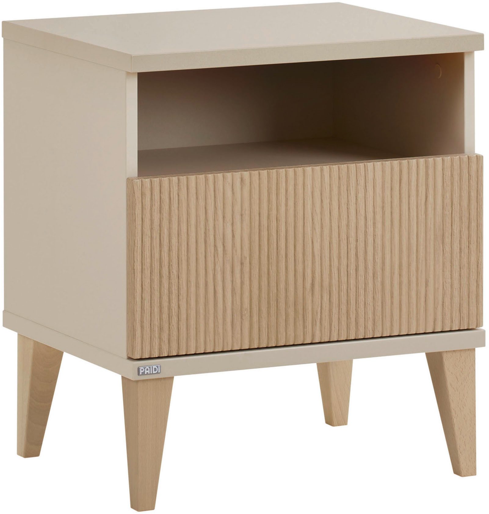 PAIDI Nachtkommode JONTE in Beige, Schublade mit Soft-Close (B/H/T ca. 48/55/40cm, Cashmere-Beige/Light Oak), moderner & stabiler Nachttisch mit Massivholz-Füßen