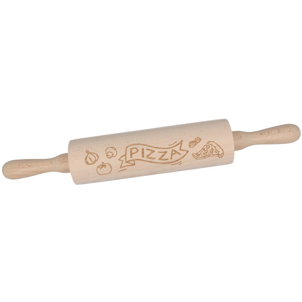 Spruchreif® Nudelholz Nudelholz mit Teigausroller Gravur, Backzubehör, Prägung, Teigroller mit aus Holz, Geschenkidee tolle Nudelholz "Pizza"
