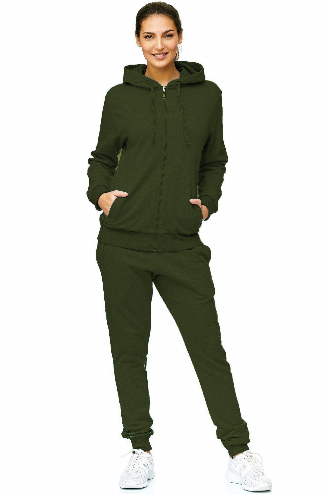 L.gonline Freizeitanzug Damen Jogginganzug einfarbig 100% Baumwolle 586 Oliv 3XL (Kapuzenjacke mit Reißverschluss, Hose, 2-tlg), Fitness Freizeit Casual – Bild 2 von 5