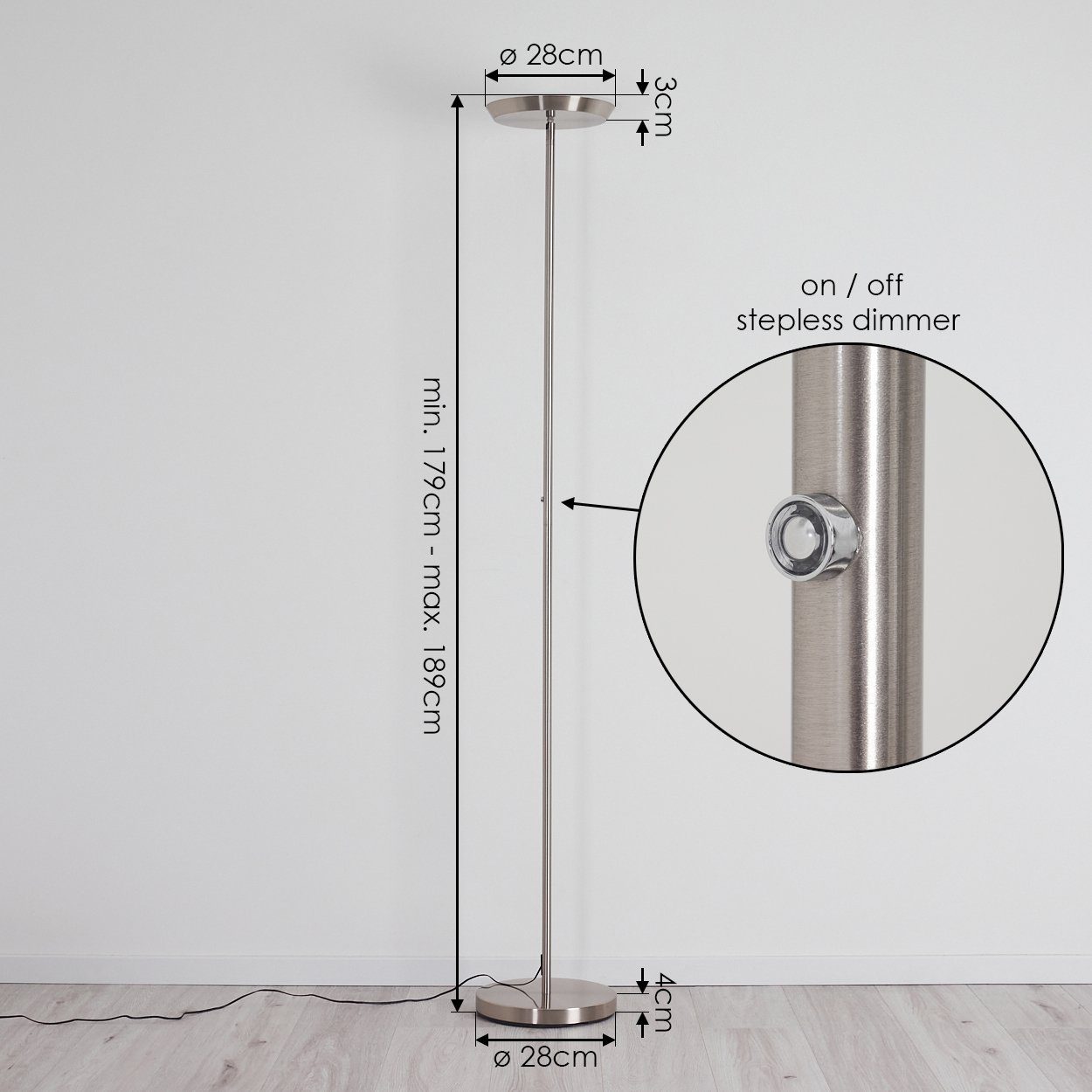 Metall hofstein Stehlampe Kelvin, mit LEDmax. Höhe max in Lumen Touchdimmer, 2100 (verstellbar), Stehleuchte aus Nickel-matt, 190cm 3000 »Gioz« LED Bodenlampe