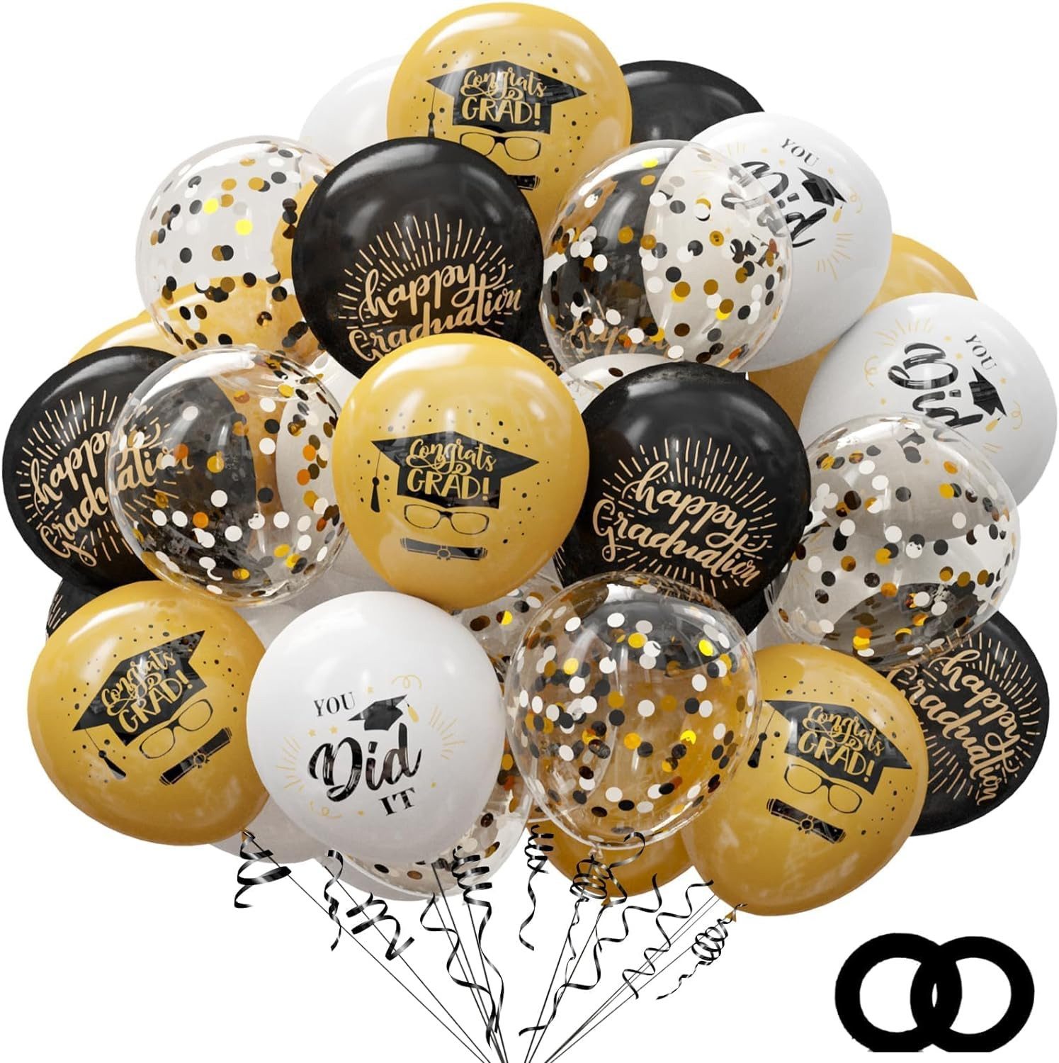 Refttenw Luftballon 42-tlg Abschlussballons 30cm, mit 2 Bändern, Schwarz+Gold
