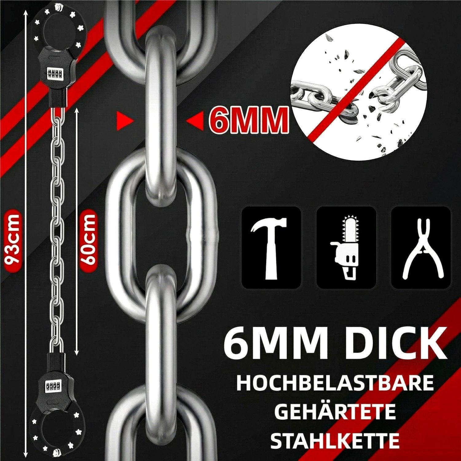 TLGREEN Kettenschloss E Scooter Schloss mit Zahlencode (8mm-Kettenglied Handschellenschloss, 93cm Hochsicherheits-Schlösser), mit 3L Wasserdichte Tasch