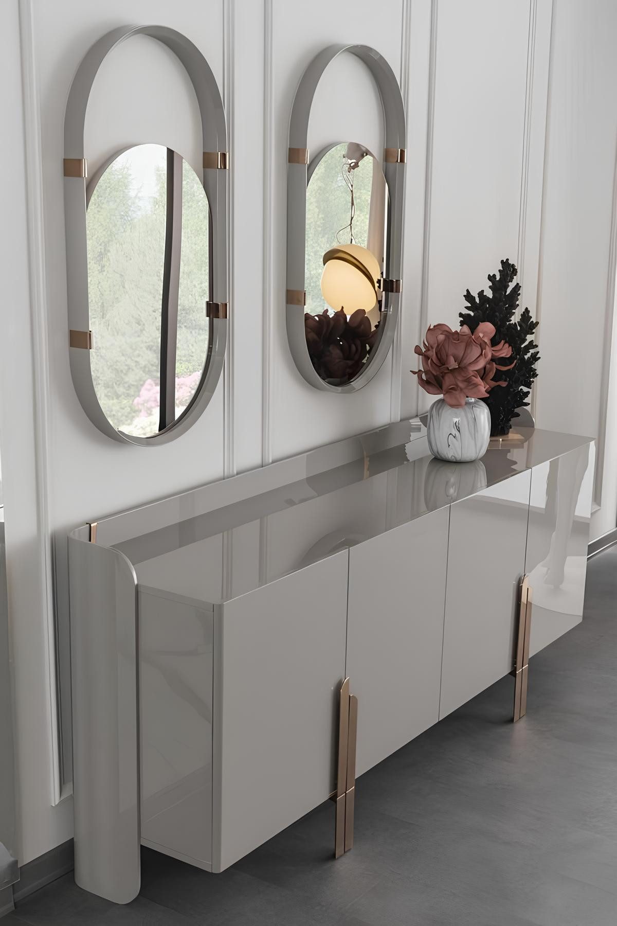 Xlmoebel Sideboard Elegantes Sideboard in Hochglanz mit Designer-Spiegeln aus Edelstahl (Sideboard + 2x Spiegel, Sideboard + 2x Spiegele), Hergestellt in Europa