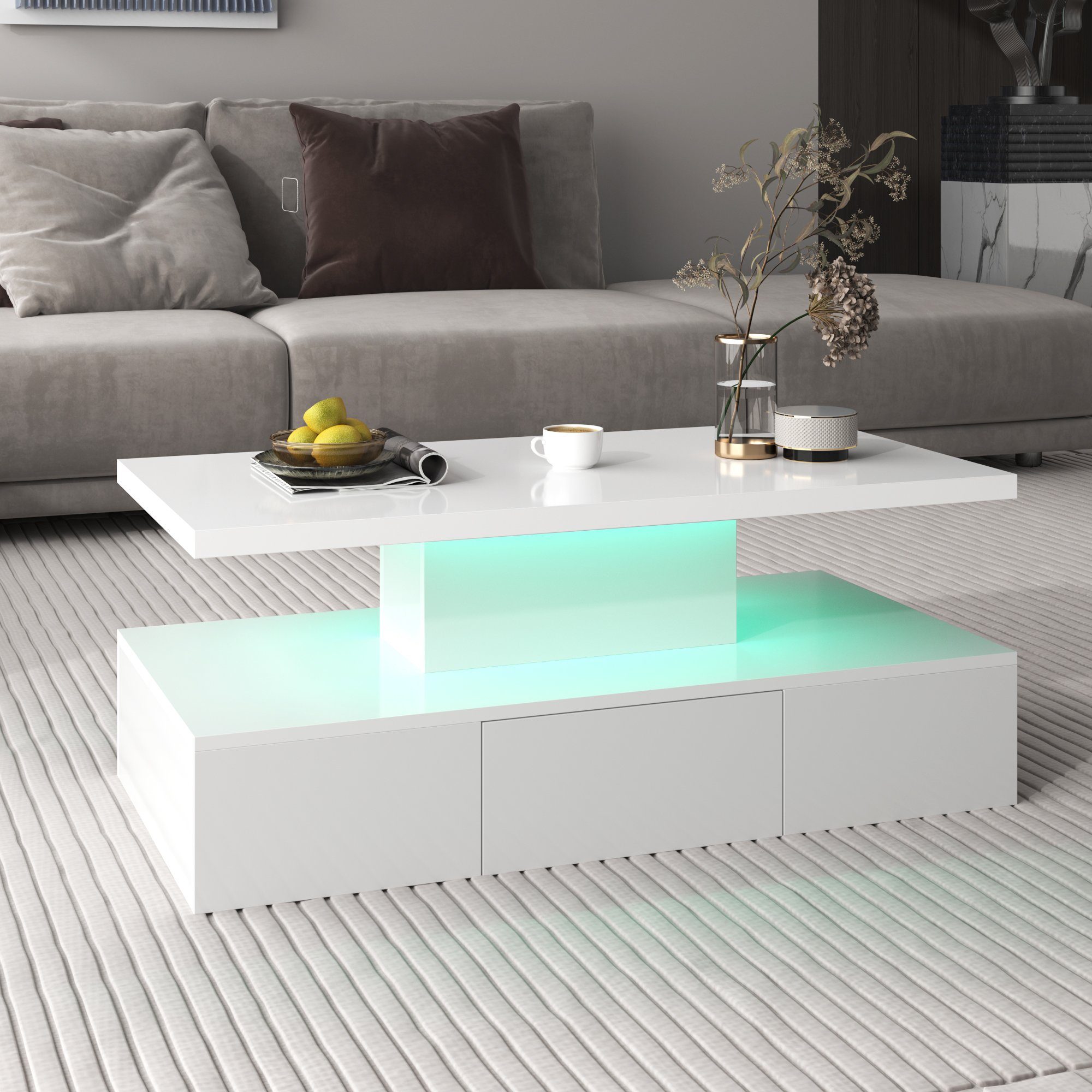 DEECOZY Couchtisch Mit LED Beleuchtung Und Schubladen - Moderner Glastisch Fürs Wohnzimmer