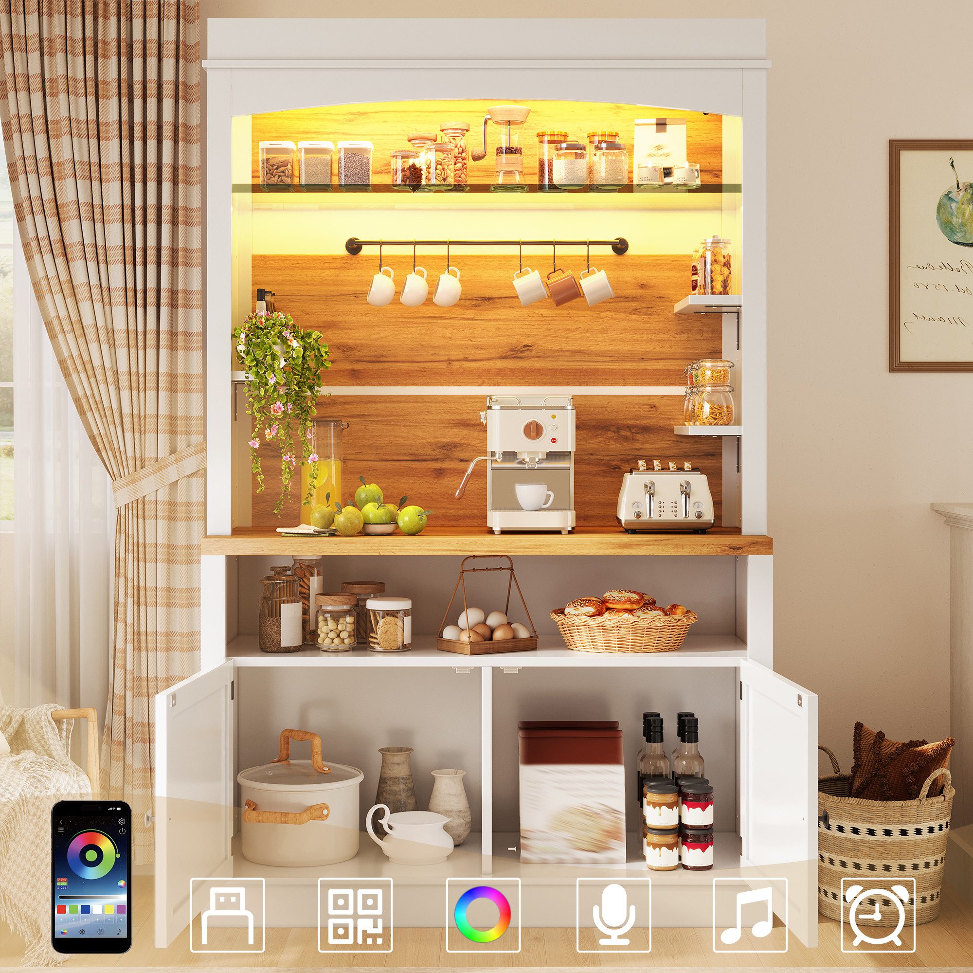 Odikalo Küchenbuffet Küchenschrank Buffetschrank Hochschrank mit LED (Hochschrank mit Glasregal, 184cm hoher Buffetschrank mit Hakenleiste, belastbar bis 60kg)