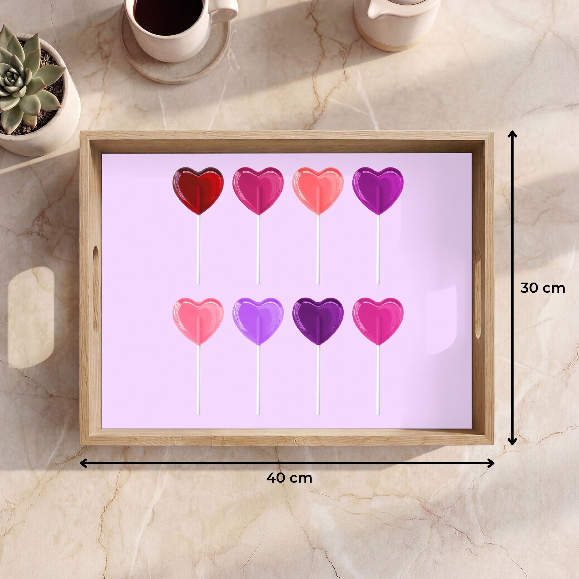 OnlyWow Tablett Rechteckig mit Henkel Lutscher - Herz - Rosa - Bonbon, Eichenholz, (1-tlg), Siervierplatte, Tray, Frühstücksbrett