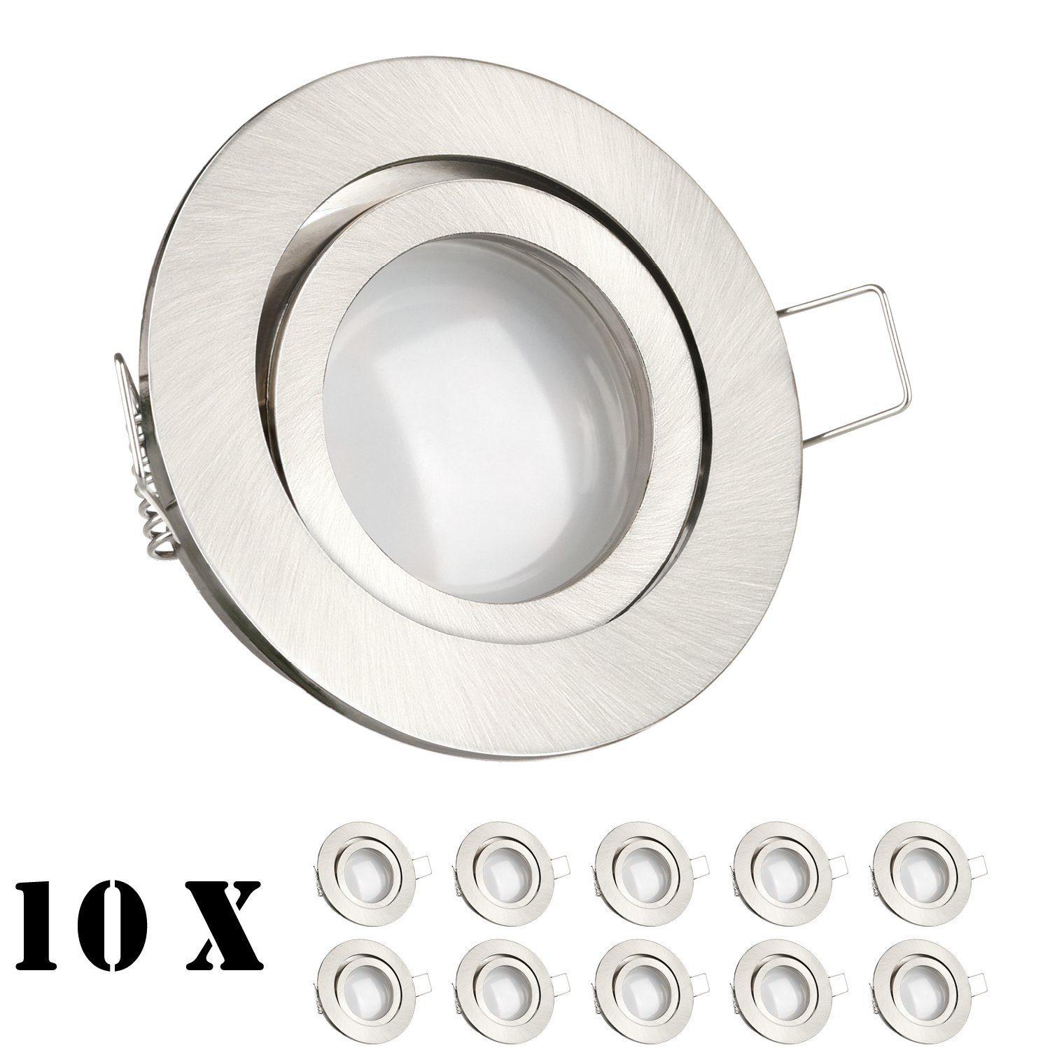 LEDANDO LED Einbaustrahler Markenstrahl Einbaustrahler Silber LED gebürstet GU10 mit Set LED 10er