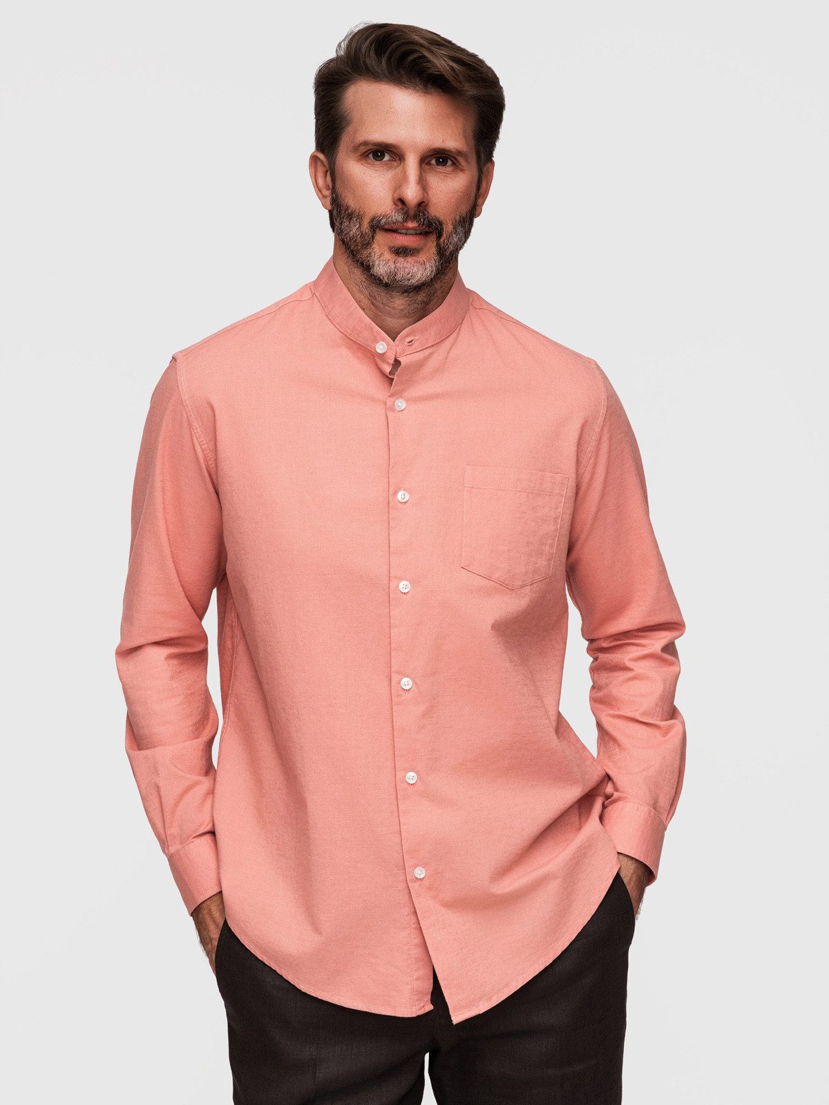 OMBRE Langarmhemd Herren Leinenhemd Stehkragen Casual Rose XXL (kein Set, 1-tlg) Stójka statt Kragen