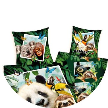 Jugendbettwäsche Selfies Jungle 135x200cm Dschungel Panda Grün, Herding, Renforcé, 2 teilig, Dschungeltiere, Selfie mit Reißverschluss
