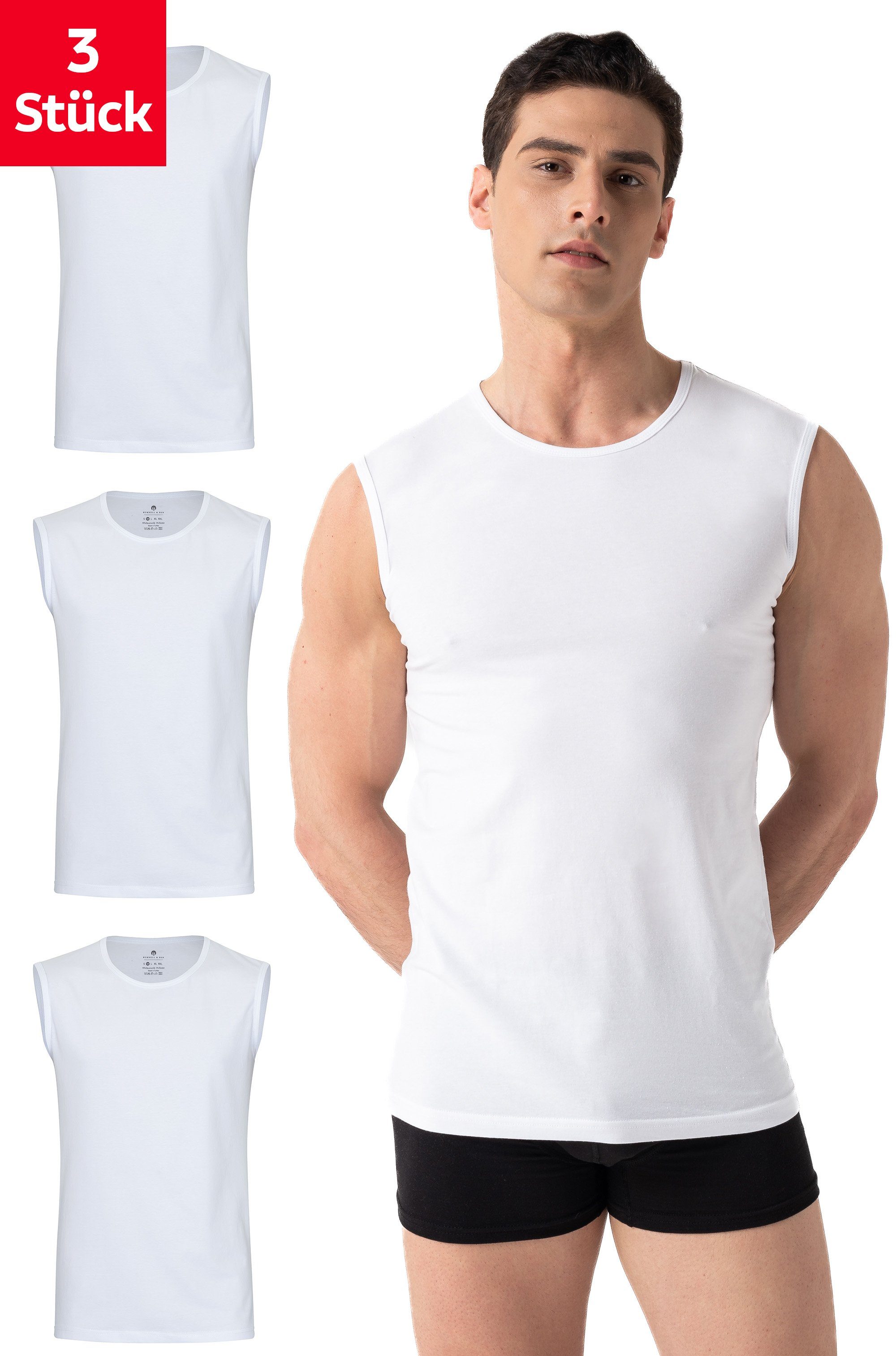 Burnell & Son Unterhemd Ärmellos Tank Top Achselshirt Muskelshirt mit Rundhals Ausschnitt (Packung, Set, Spar-Pack, Spar-Packung, 3-St., 3-er Pack) Feinripp, extra lang