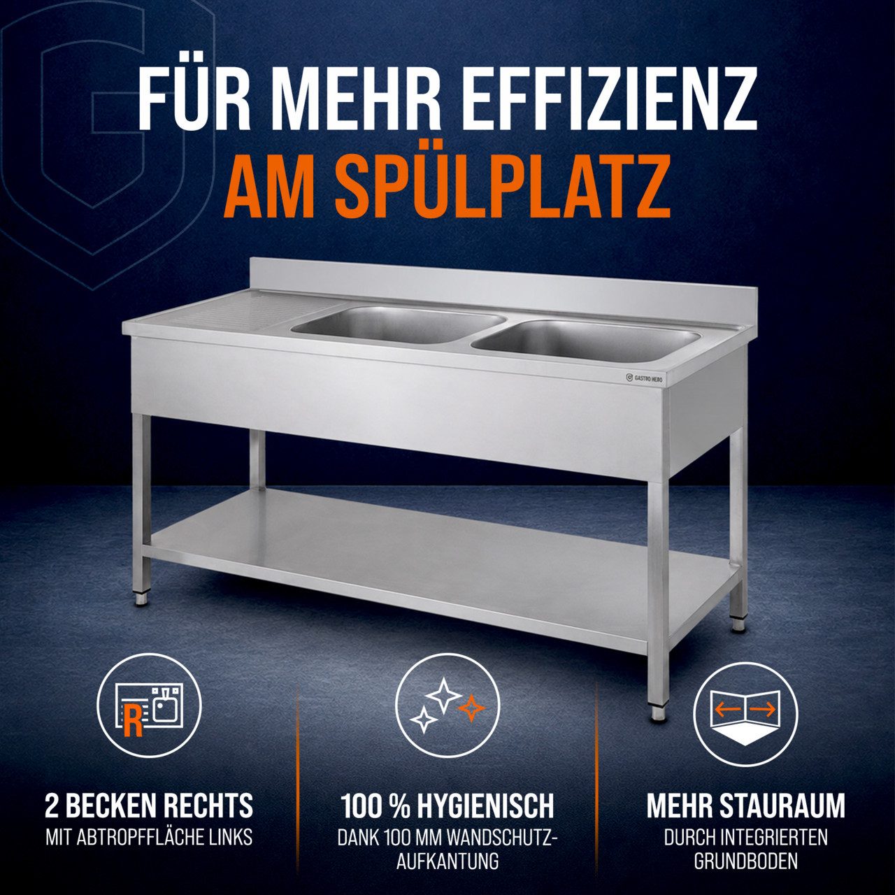 GastroHero Arbeitstisch Spültisch 160x60 cm - Edelstahl mit Becken - Gastro - Spüle