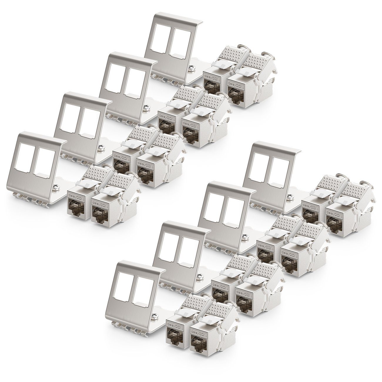 deleyCON 16x CAT6a Keystone & 8x 2-Port Hutschienenadapter Metall STP Netzwerk-Adapter